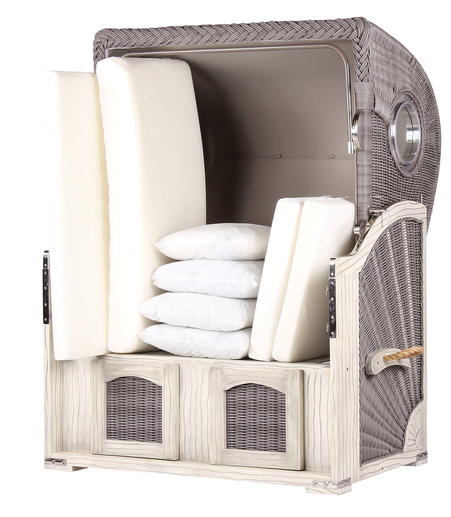 bene living Strandkorb Ammersee Mahagoni - Koboo washed grey - Modell 505, BxTxH: 125x80x165 cm, Volllieger ca. 175 Grad, Ostsee-Strandkorb, inkl. Liftersystem und Bullaugen