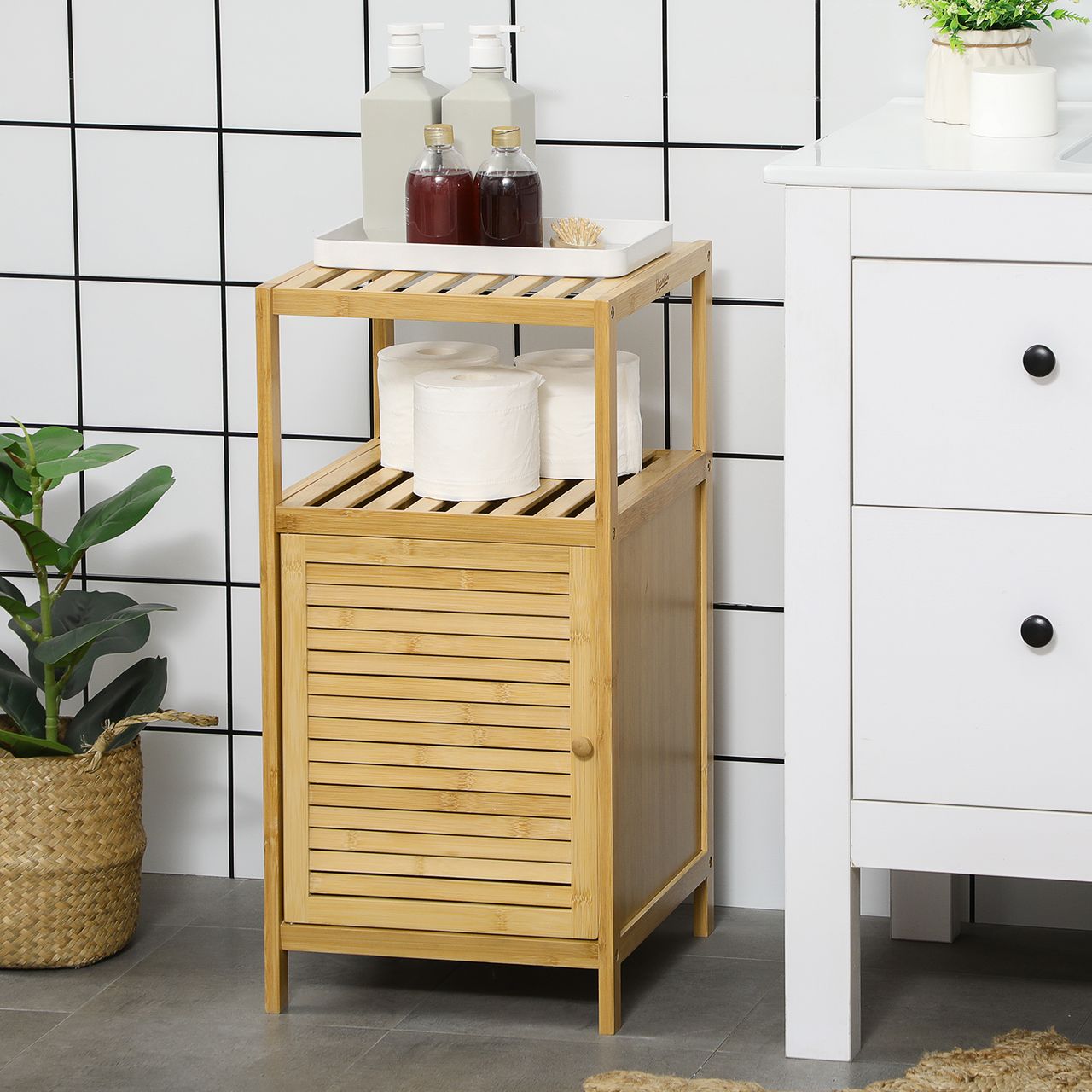 kleankin Badezimmerschrank Badschrank mit offenem Fach, Kippschutz, Bambus