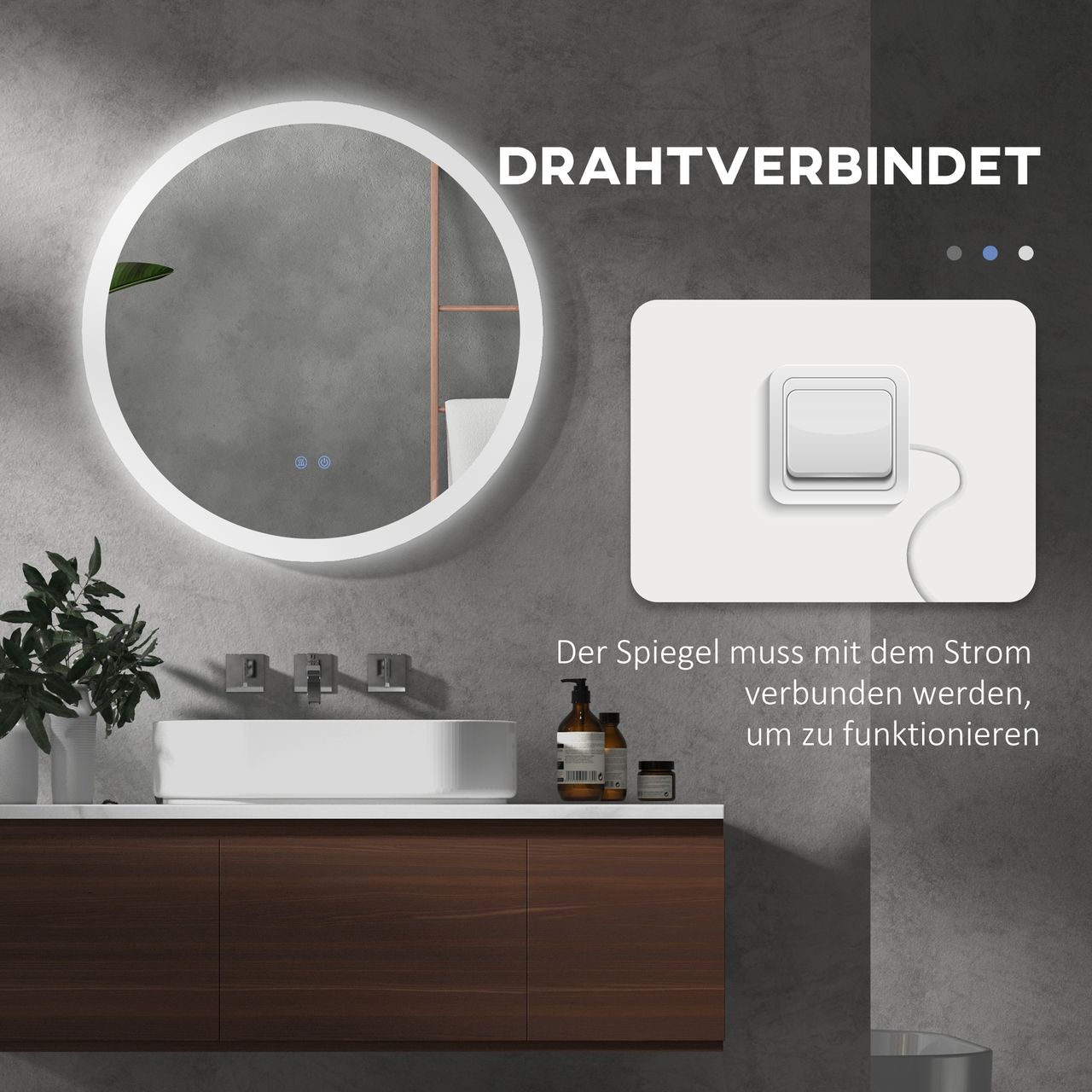 kleankin Badspiegel mit Beleuchtung, Ø70 cm Wandspiegel mit 3 Lichtfarben