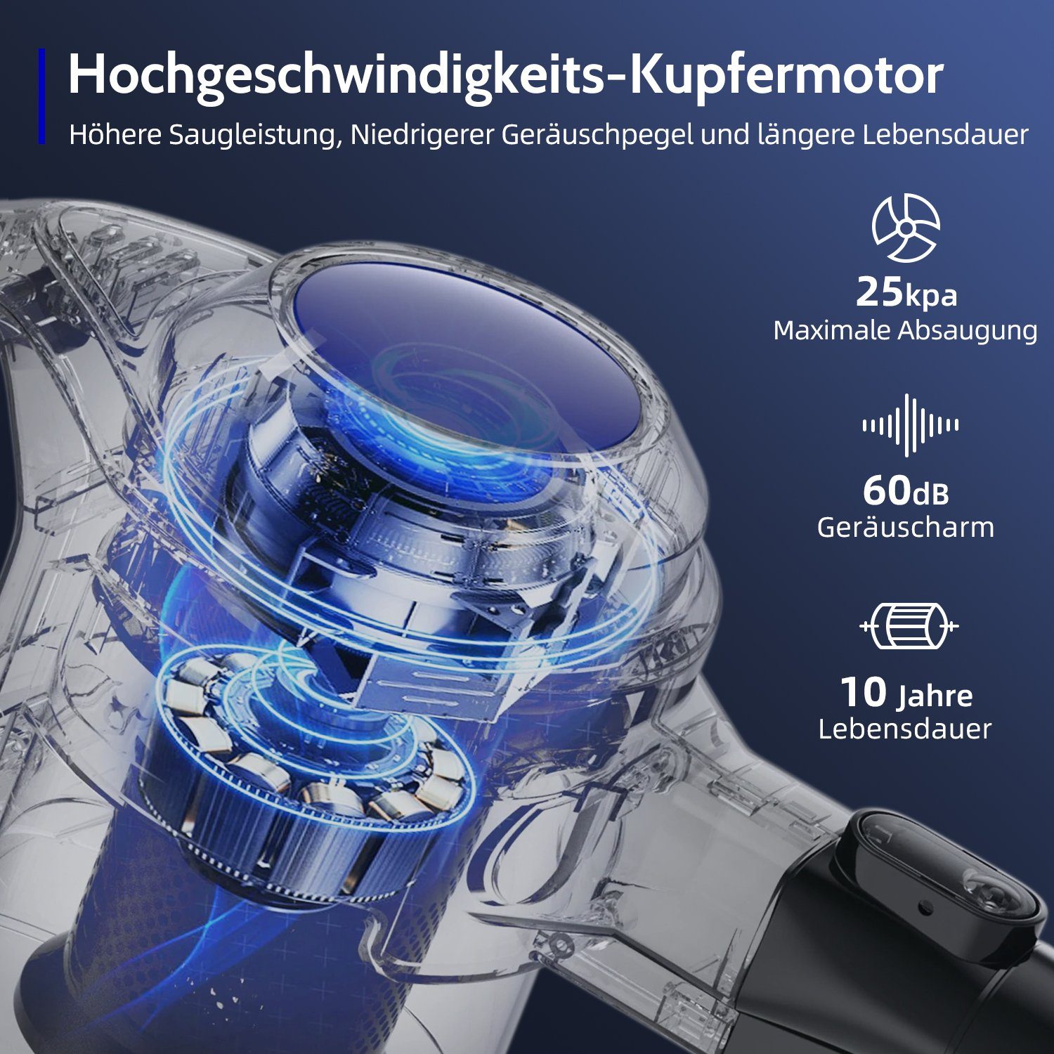 Authmic Akku-Stielstaubsauger Akku Staubsauger, Staubsauger Kabellos mit 25000pa Saugkraft, Akkusauger, Bis zu 50 Min Laufzeit, 1.3L Staubbehälter, kabelloser Staubsauger für Tierhaare,Teppich und Hartböden