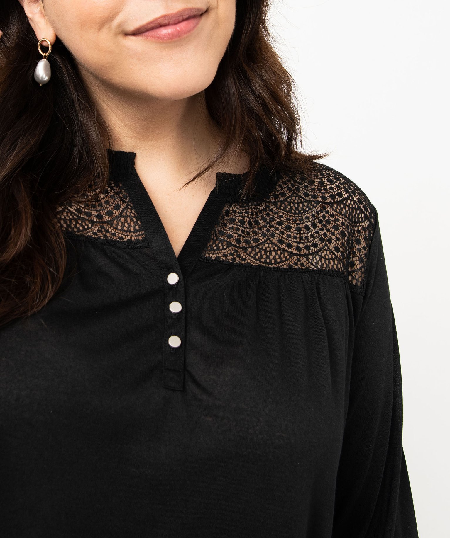 Tee-shirt droit manches 3/4 à col boutonné femme grande ta... noir | GEMO