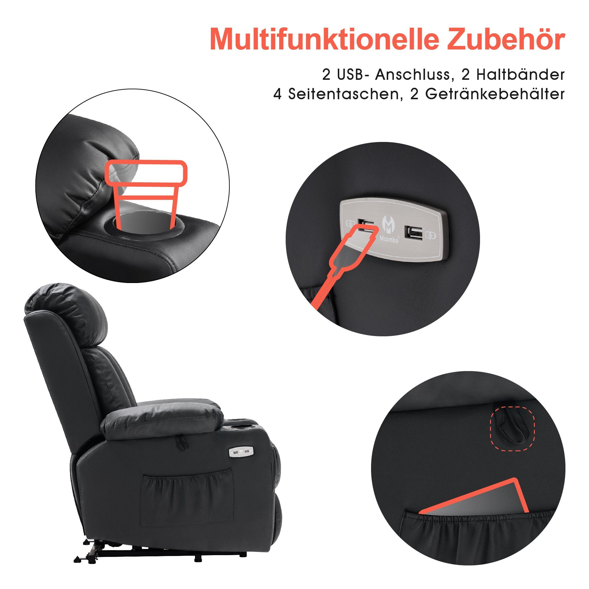 MCombo Relaxsessel MCombo elektrische Aufstehhilfe Fernsehsessel Relaxsessel 7190, motorisch verstellbar, Leder, Schwarz, 100 x 86 x 112 cm