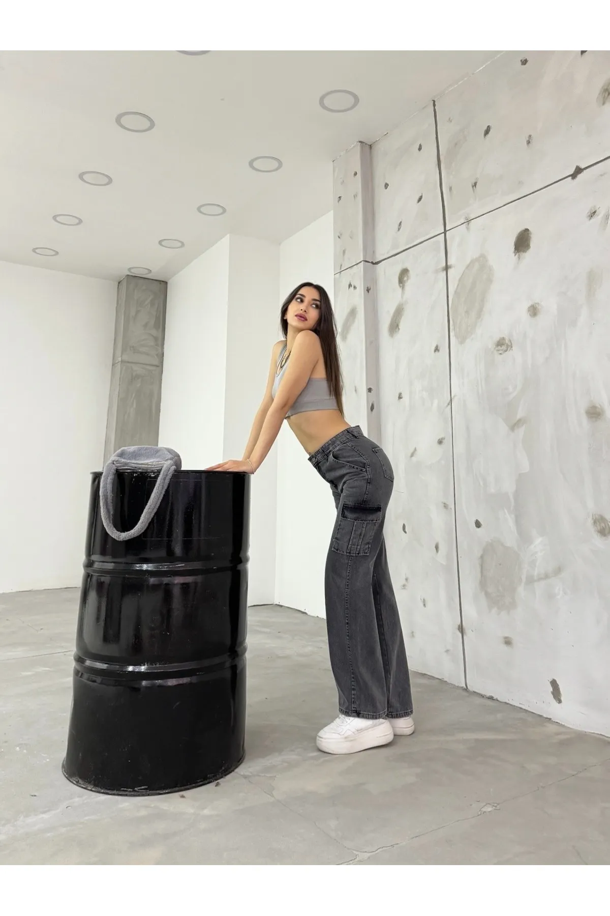 BİKELİFE  Geräucherte Damen-Cargohose mit hoher Taille und weitem Bein