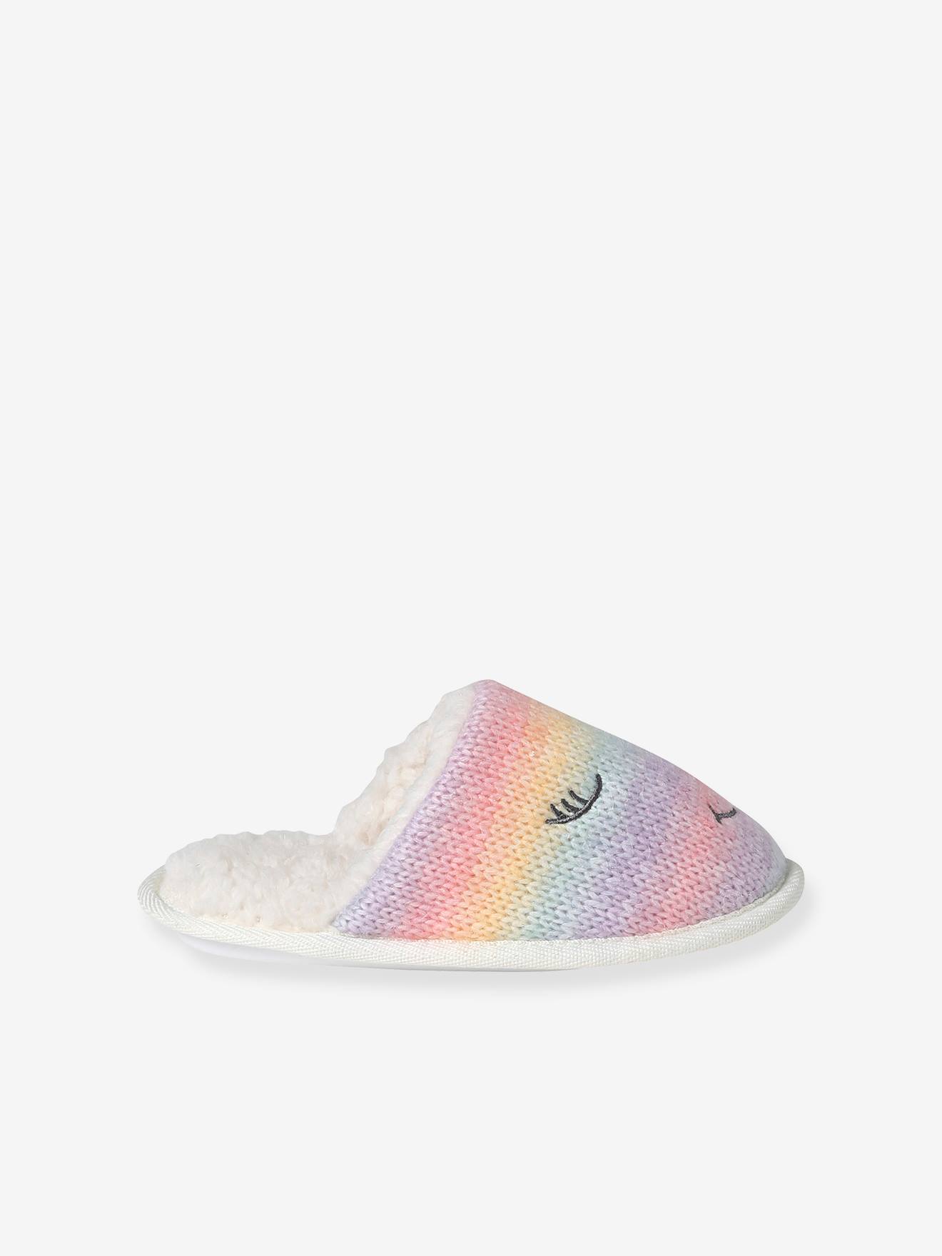Chaussons mules fourrés en tricot enfant multicolore