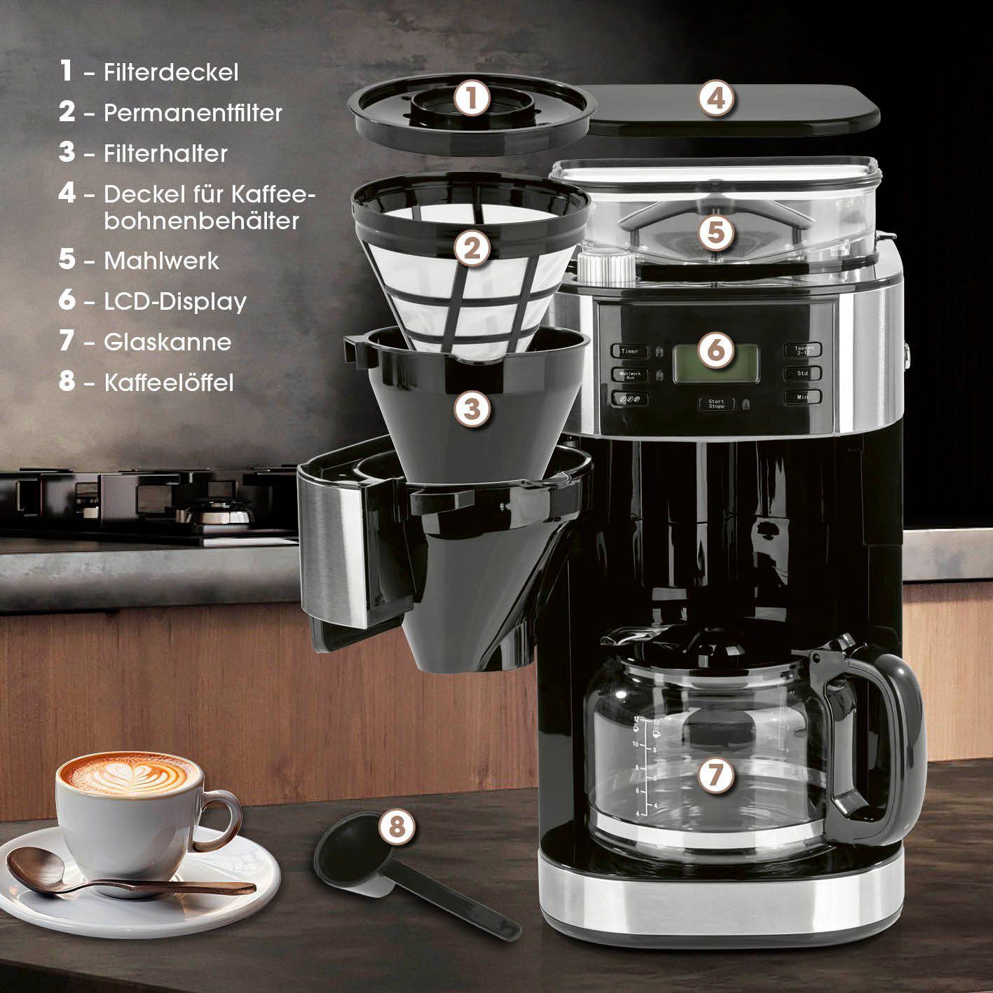 Barista Kaffeemaschine mit Mahlwerk inkl. Glaskanne 12 Tassen für Bohnen & Pulver, 1.5l Kaffeekanne, 900W Edelstahl/Schwarz