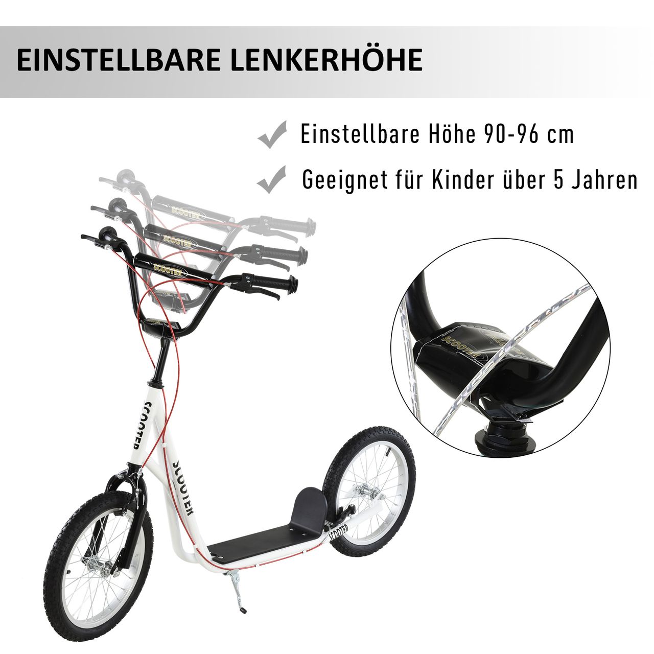 HOMCOM Tretroller Kinderroller Scooter Cityroller Luftreifen verstellbar Weiß