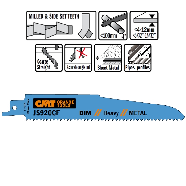 Lames de scie alternative CMT JS920CF-5 JS920CF 5 pièces Bimétal 150 mm x 1, 6 x 9 TPI Application : Tôle métallique épaisse (4-12 mm), tubes et profilés pleins, tubes creux, travaux de démolition dangereux.