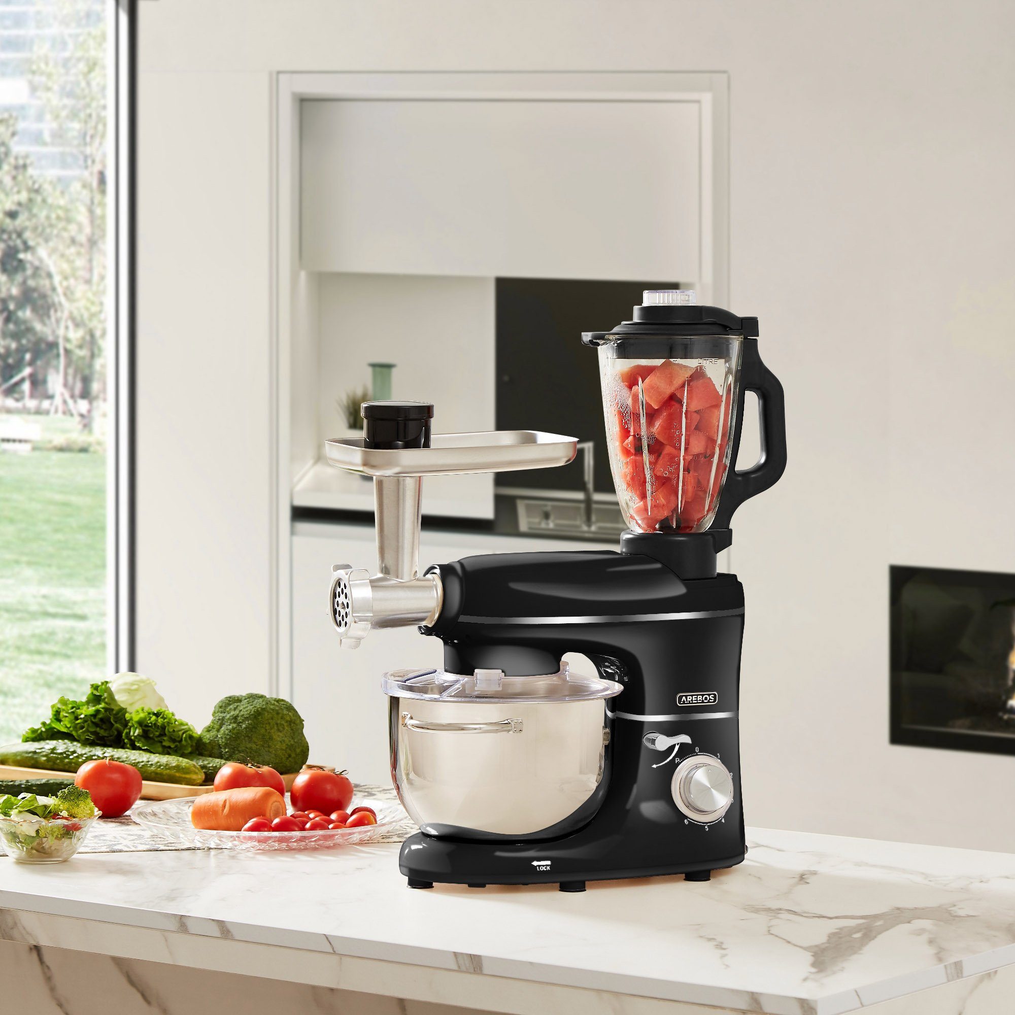 Arebos Küchenmaschine Fleischwolf, Nudelmaschine, Edelstahl-Schüssel, 1500 W, 5,50 l Schüssel, 3in1