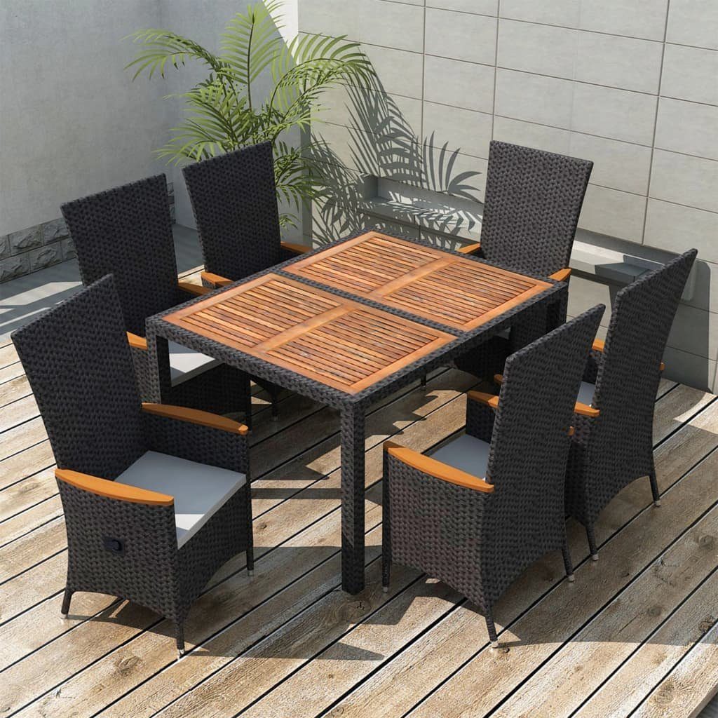vidaXL Garten-Essgruppe 7-tlg. Garten-Essgruppe Poly Rattan Akazienholz Schwarz, (7-tlg)
