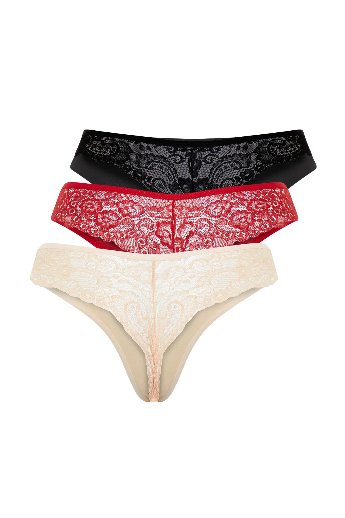 Trendyol Collection  Schwarz-Rot-Haut 3er-Pack Baumwoll-Strickhöschen mit Spitzendetail THMAW21KU0012