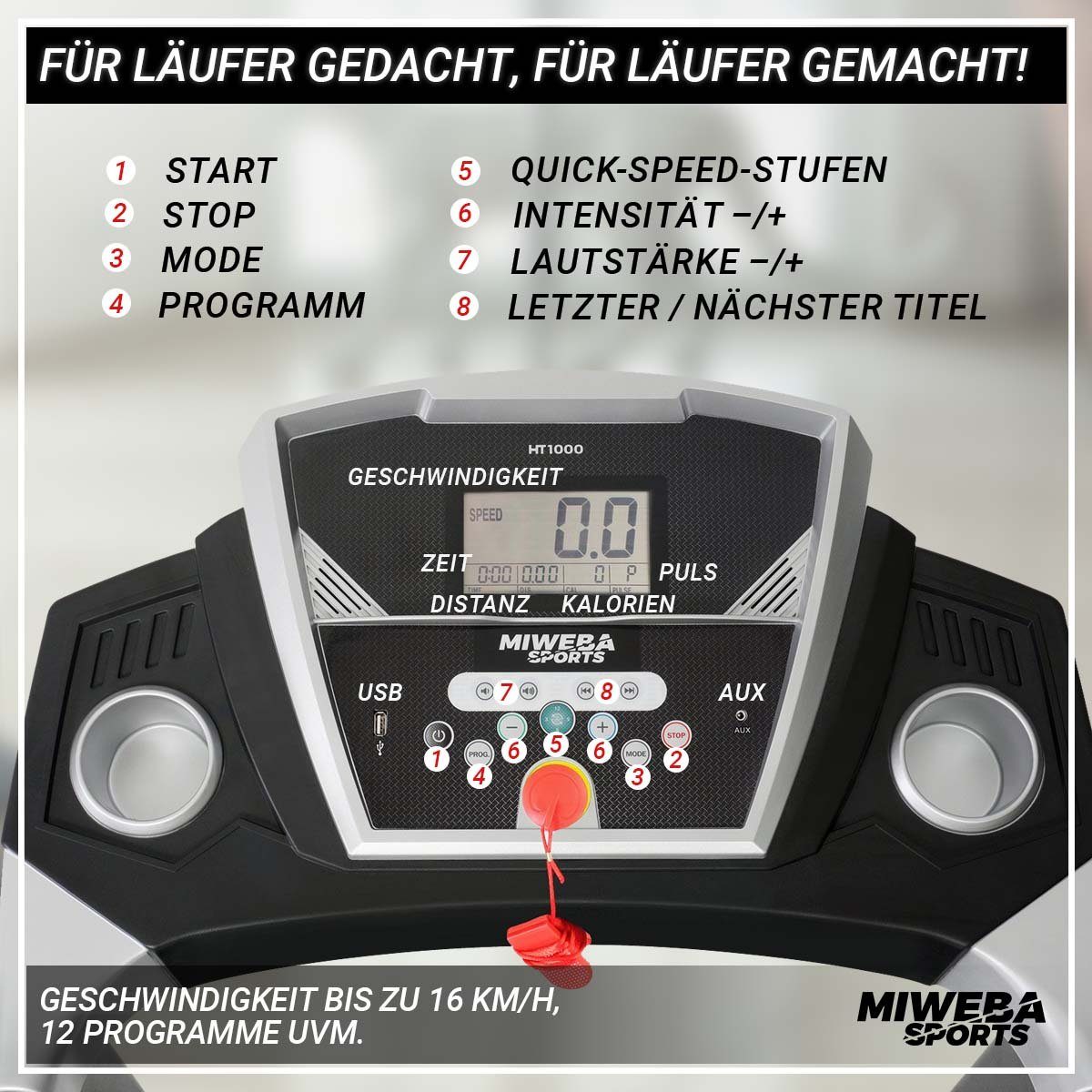 Miweba Sports Laufband Profi Sportgerät HT1000F - 16 km/h - 6% Steigung - klappbar (Treadmill, Trainingsgerät, Fitnessgerät, Heimtrainer, Speedrunner, Fitness, Workout, 1-tlg., 120 kg Traglast, 12 Laufprogramme, 4 Quick-Speed Programme, Steigungsvers