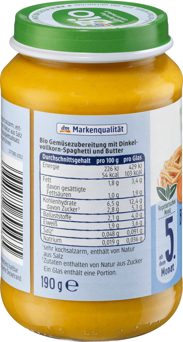 Menü Buttergemüse mit Vollkornpasta ab dem 5. Monaten, Demeter, 190 g
