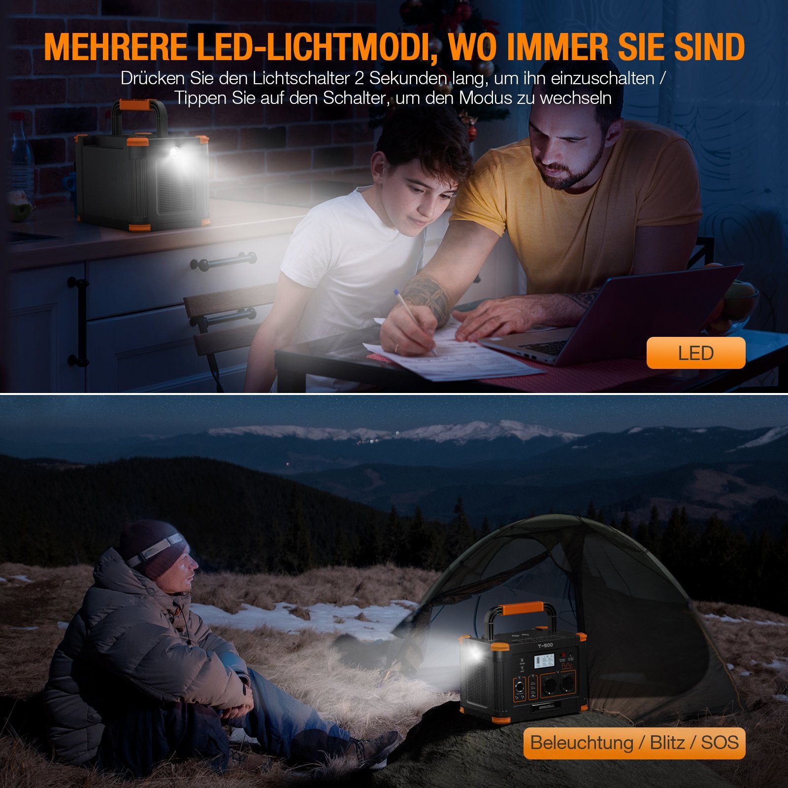 GRECELL Stromerzeuger 500W Tragbarer PowerStation für Outdoor Camping, 0,50 in kW, (1-tlg), Solar Generator 519Wh