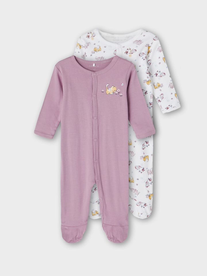 name it Mädchen Schlafstrampler mit Knopf und Katzenmotiv in Lila günstig kaufen