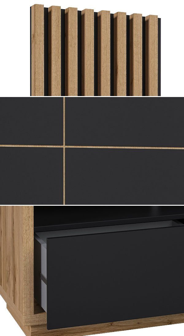 Helvetia Wohnwand Celine, 3-teiliges Wohnzimmer Set 200x45x196cm wotan eiche / schwarz matt