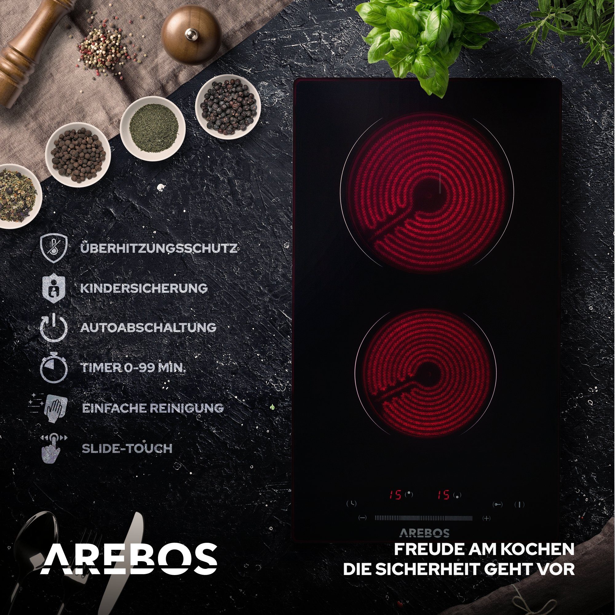 Arebos Elektro-Kochfeld Glaskeramik AR-HE-GK2N, Obere Kochzone: 1800 W, Untere Kochzone: 1200 W
