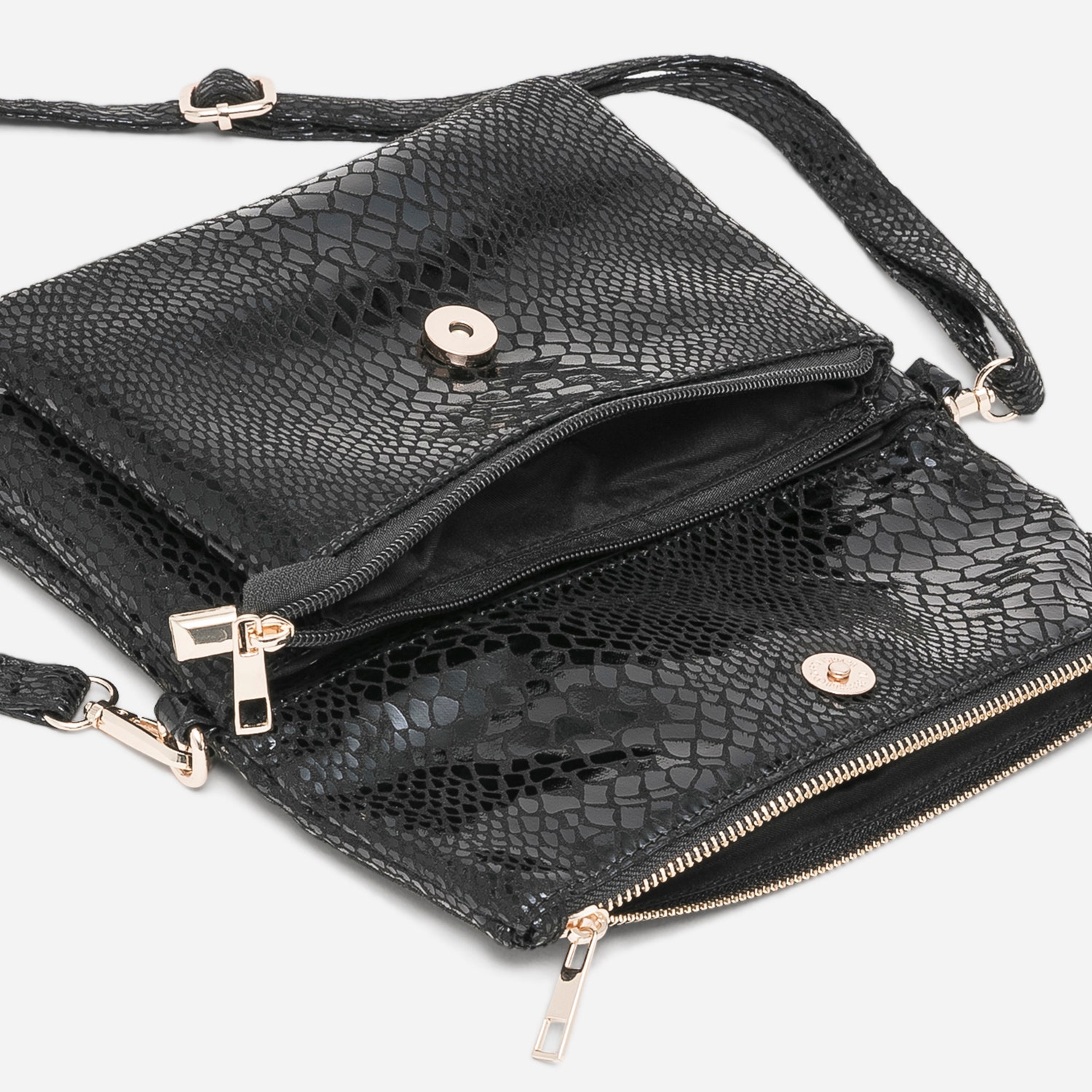 Sac bandoulière TEXTO noir effet python verni