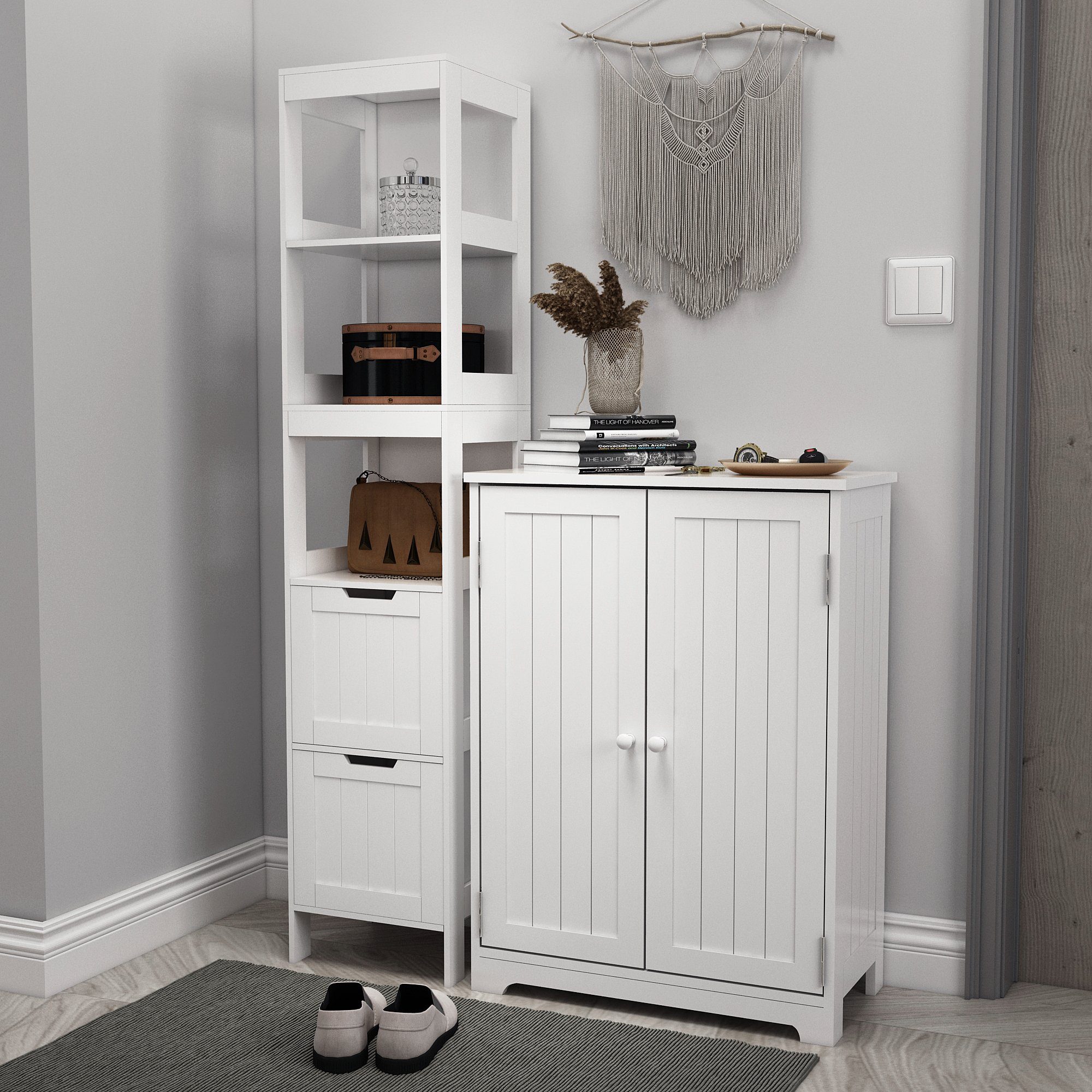 Mondeer Badkommode Badezimmerschrank, Hochschrank, Badschrank, mit 2 Schubladen und 3 offenen Regal