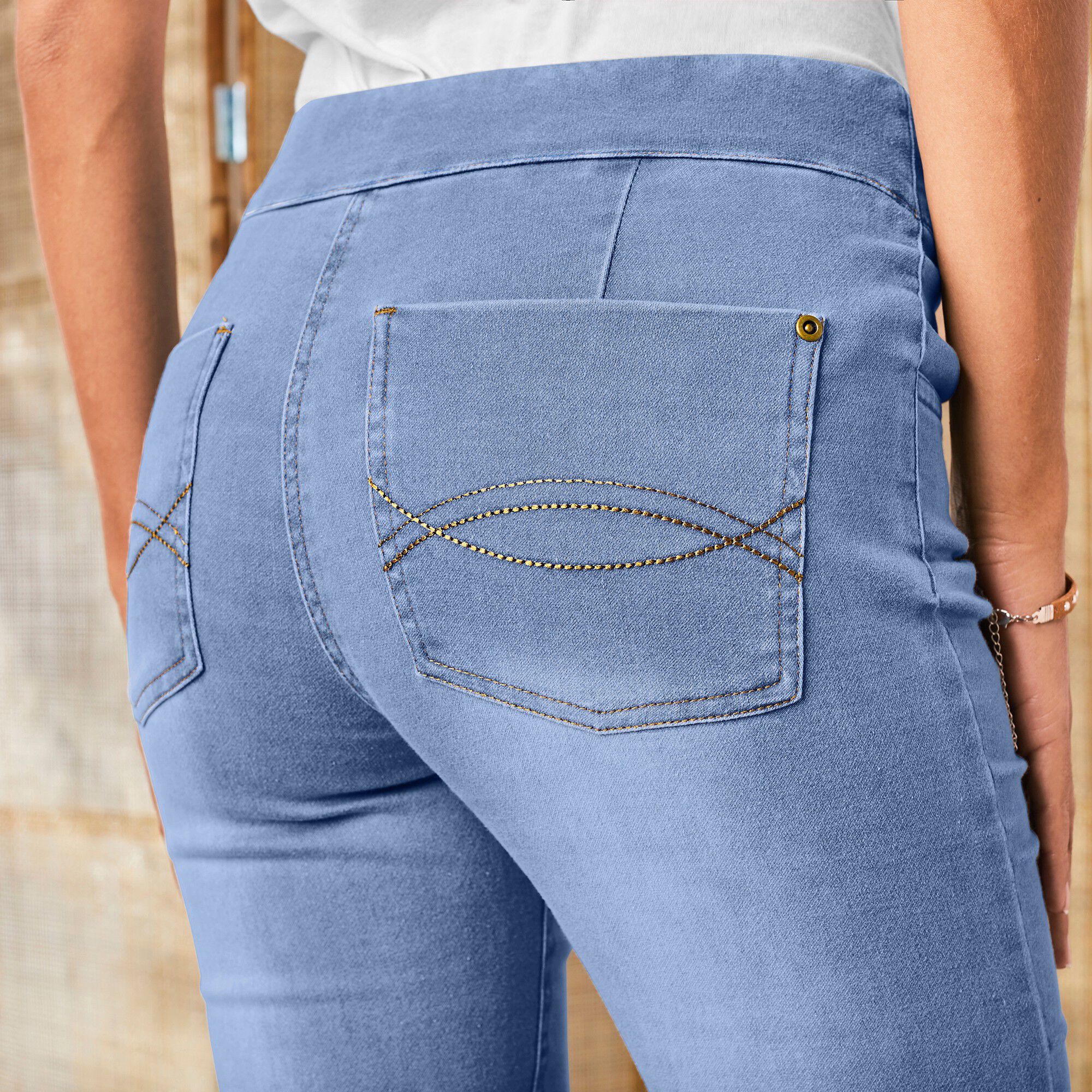 Jean bootcut ultra stretch, maille effet jean, grande stature