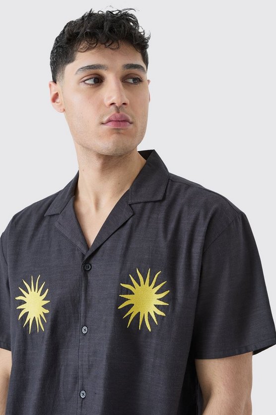 Oversize Hemd im Leinenlook mit Sonnen-Stickerei