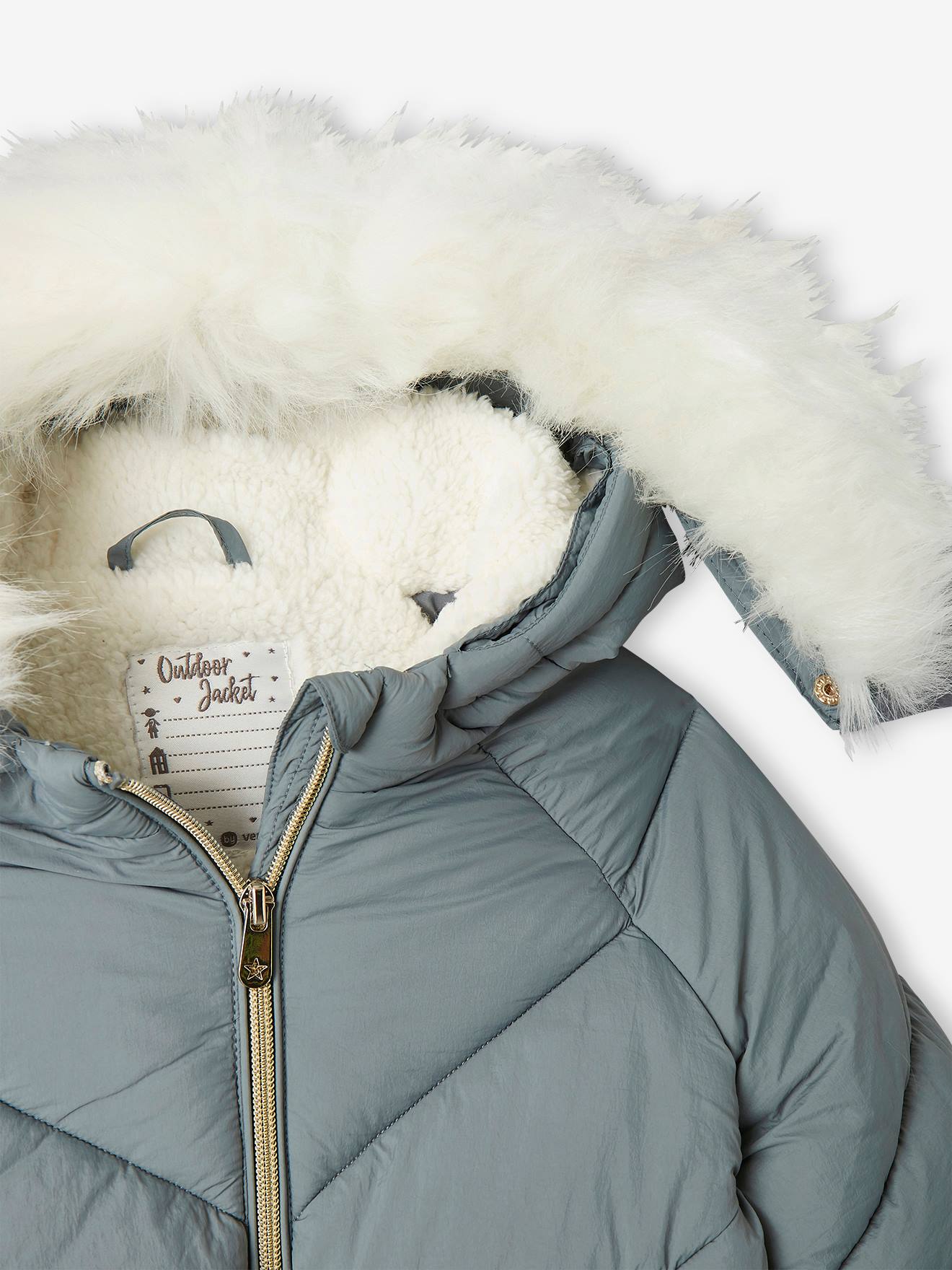 Doudoune courte à capuche doublée sherpa fille. vert