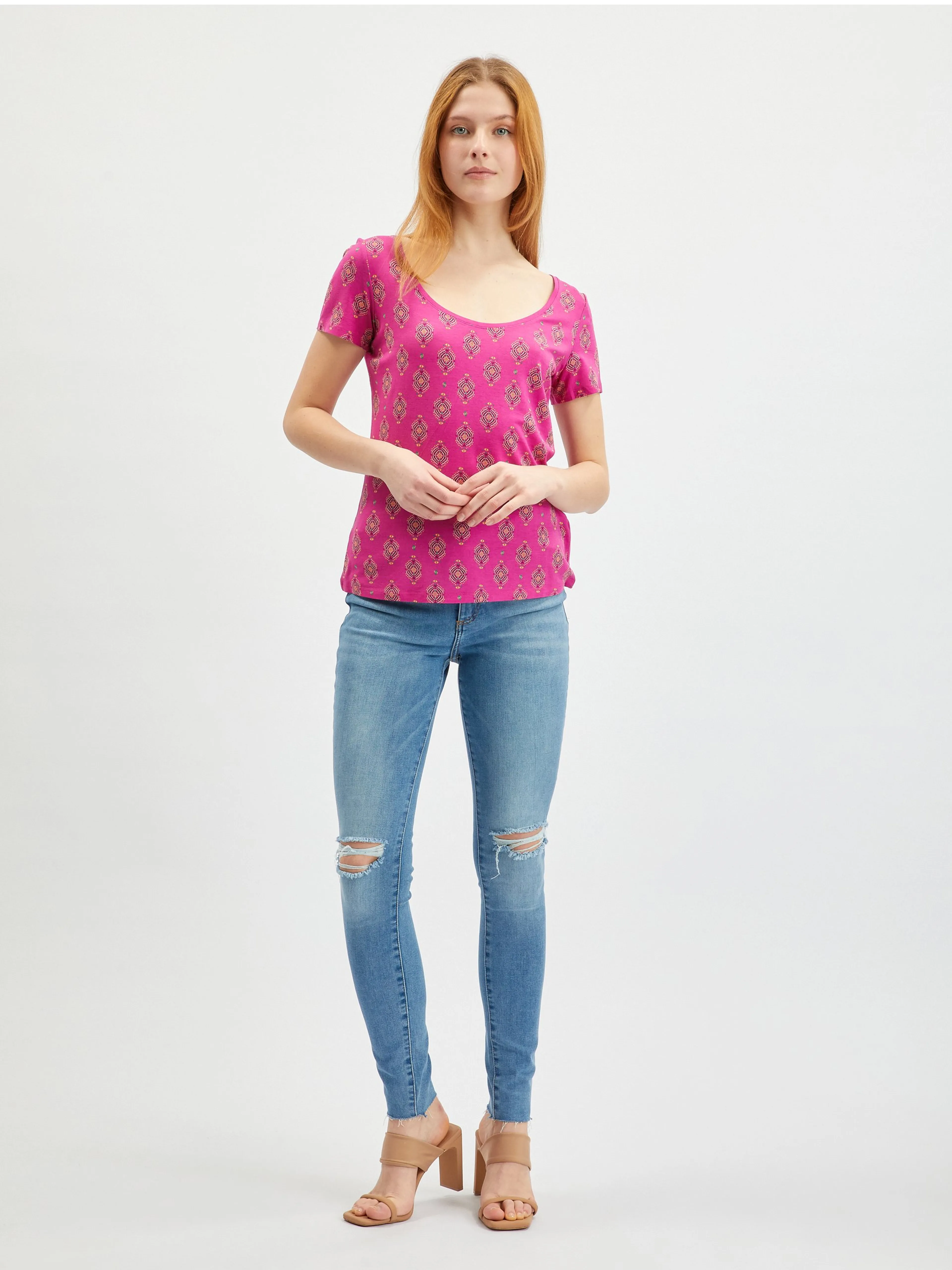 Dunkelrosa gemustertes Damen-T-Shirt ORSAY