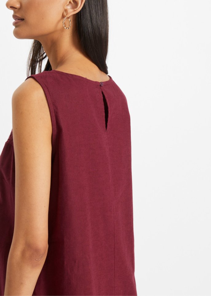 Maxi-Kleid mit Leinen, Lochmuster am Ausschnitt und Seitenschlitz