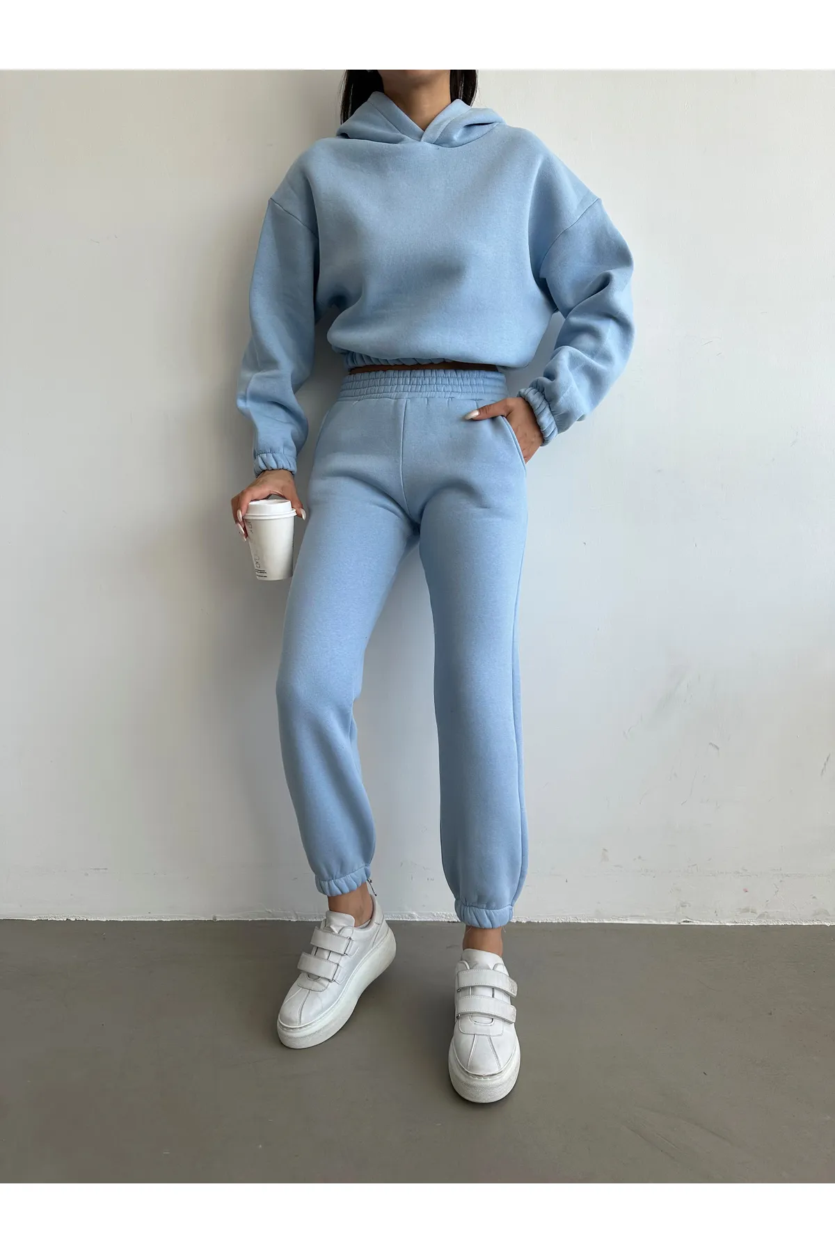 BEJNA  Blaues Basic-Trainingsanzug-Set für Damen aus Baumwolle mit Fleece-Innenseite