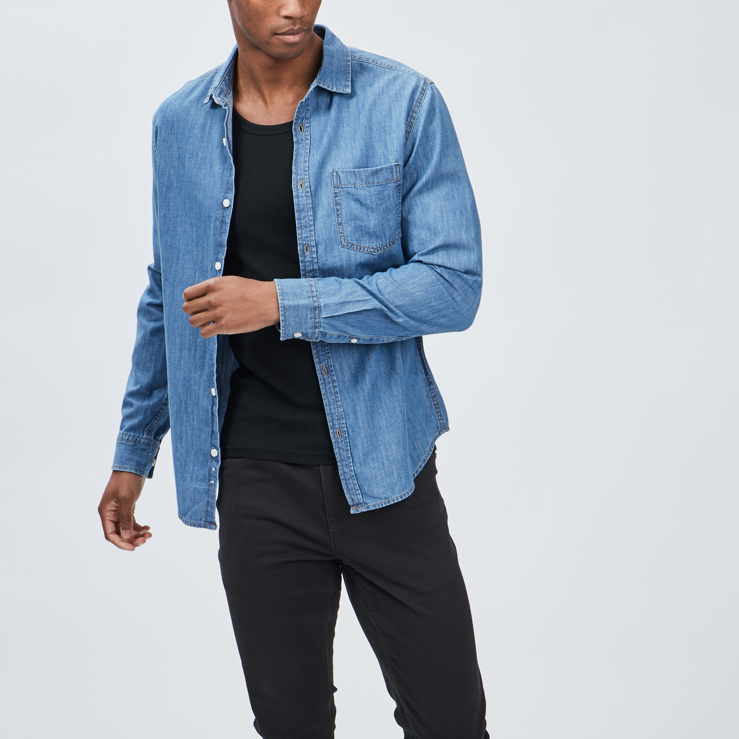 Chemise droite manches longues denim double stone homme | La Halle