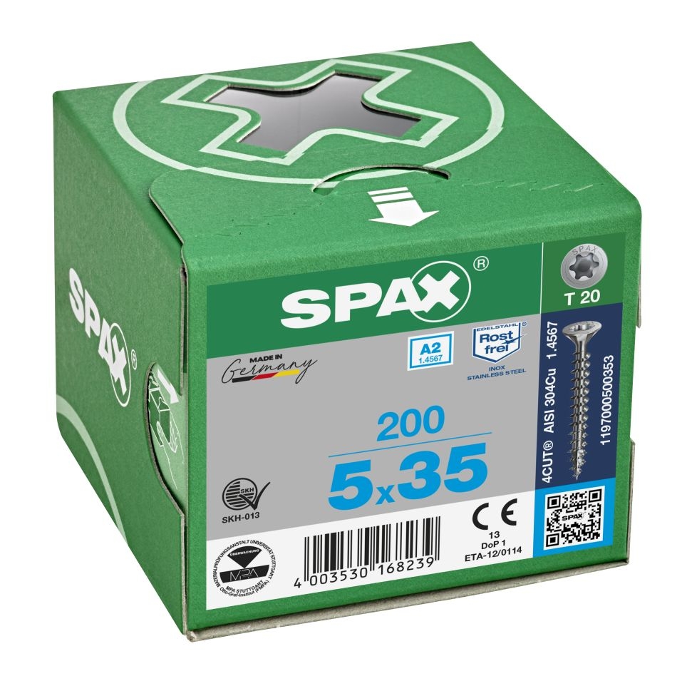 SPAX 1197000500353 Вијак од нерђајућег челика, 5 x 35 мм, пуни навој, упуштена глава, T-STAR плус T20 - 200 комада