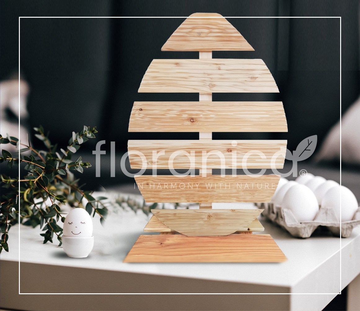 Pemicont Floranica Holz Osterei Osterdeko Lärchenholz Höhe 68cm Breite 46cm Natur Osterdekoration modernes Design Kunsthandwerk osterdeko osterhasen tischdeko