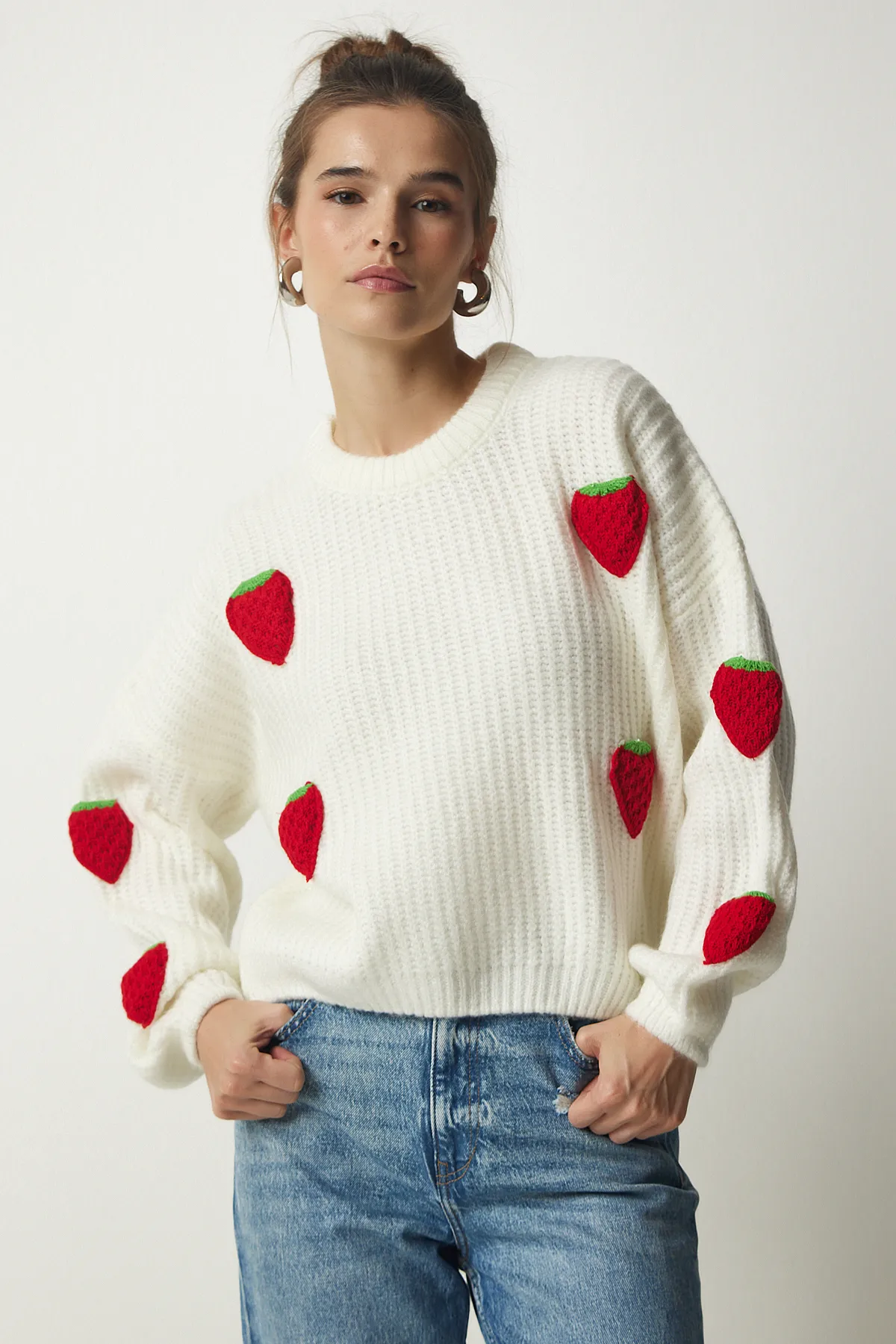 Happiness İstanbul  Damen-Strickpullover mit Erdbeerstruktur in Knochenform PF00022