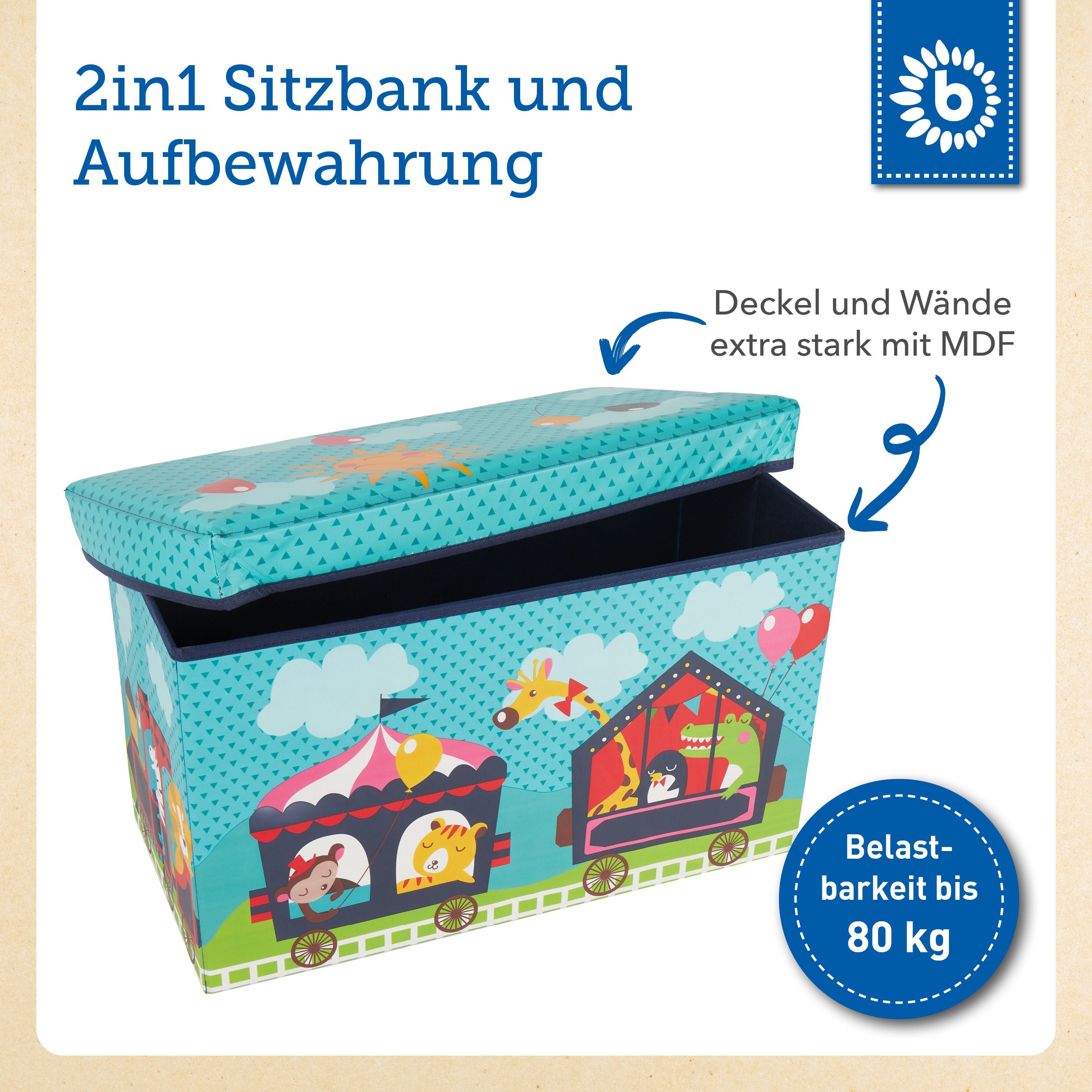 BIECO Spielzeugtruhe Bieco Aufbewahrungsbox mit Deckel 60L, faltbar ca. 60x30x35cm Spielzeugkiste mit Deckel Aufbewahrungsbox Kinder Kisten mit Deckel Aufbewahrungsbox Groß Wickeltisch Organizer Zirkus