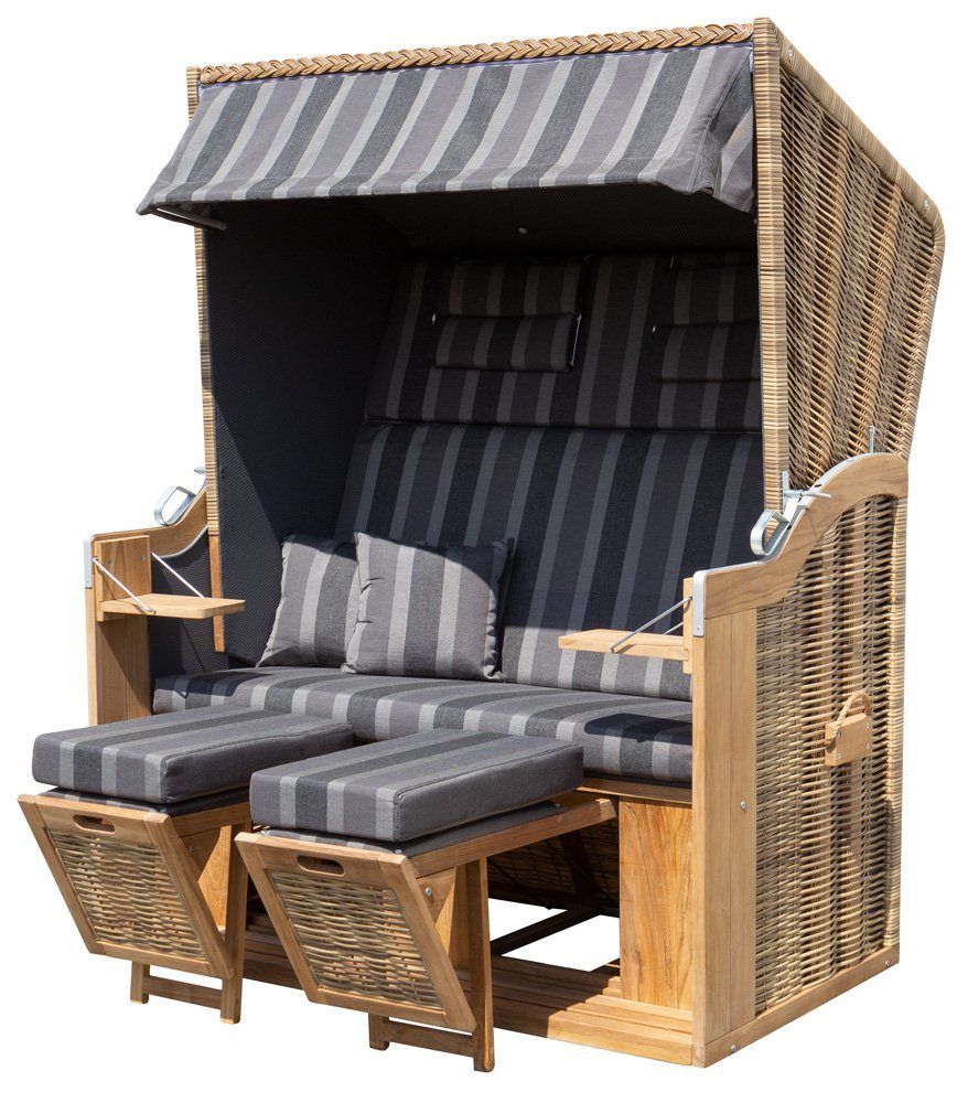 Trendyshop365 Strandkorb extra breit, BxTxH: 140,00x80,00x160,00 cm, Halblieger, Ostsee-Modell, (XL 2-Sitzer), Teakholz, komplett fertig montiert, mit 4 Rollen