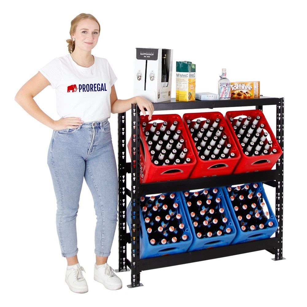 PROREGAL® Standregal Getränkekistenregal Tegernsee XL, HxBxT 110x110x30 cm, für 6 Kästen, Getränkeregal, Schwarz, 2 Ebenen + Board, 100kg Traglast pro Ebene, Kistenregal