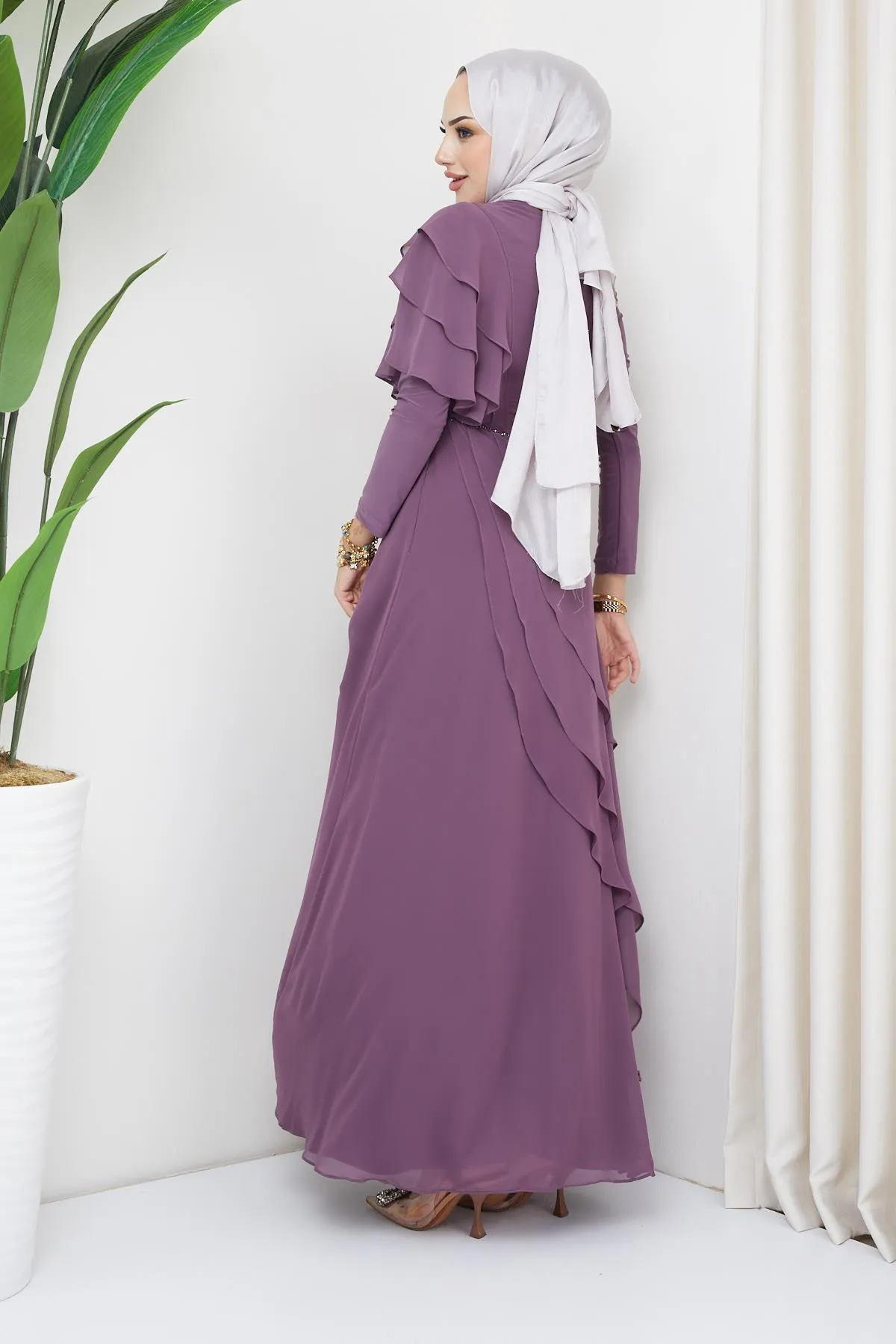 Olcay  Abendkleid aus Chiffon mit Hijab und Perlenverzierung, LILA 1652