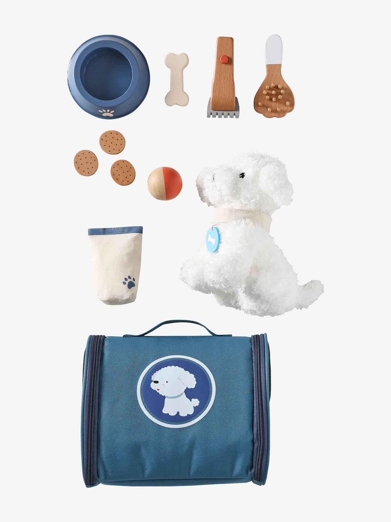 Peluche animal de compagnie + accessoires en bois FSC® bleu