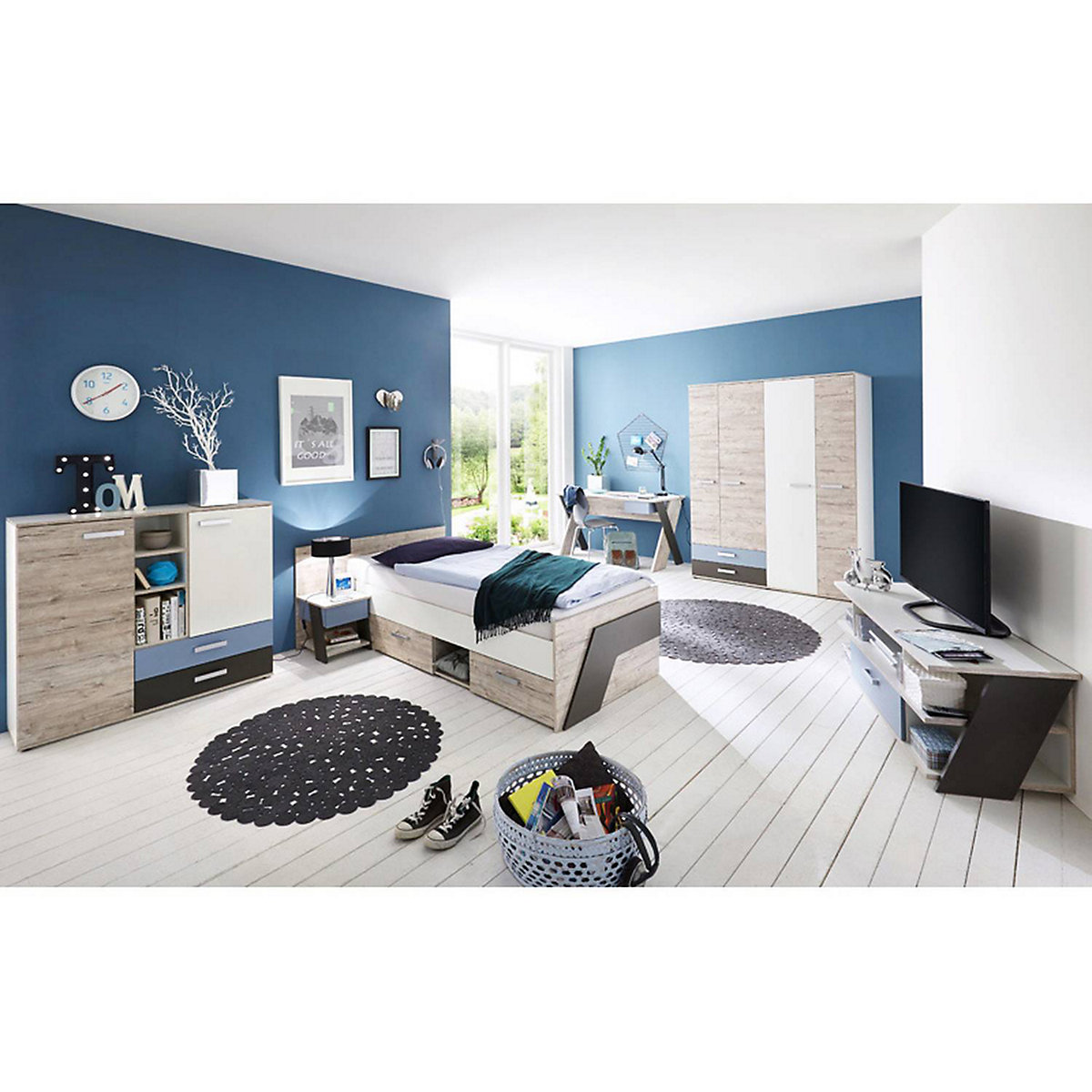 Schreibtisch LEEDS-10 Sandeiche Nb./weiß/Lava/Denim, B x H x T ca. 135 x 76,4 x 67,5 cm