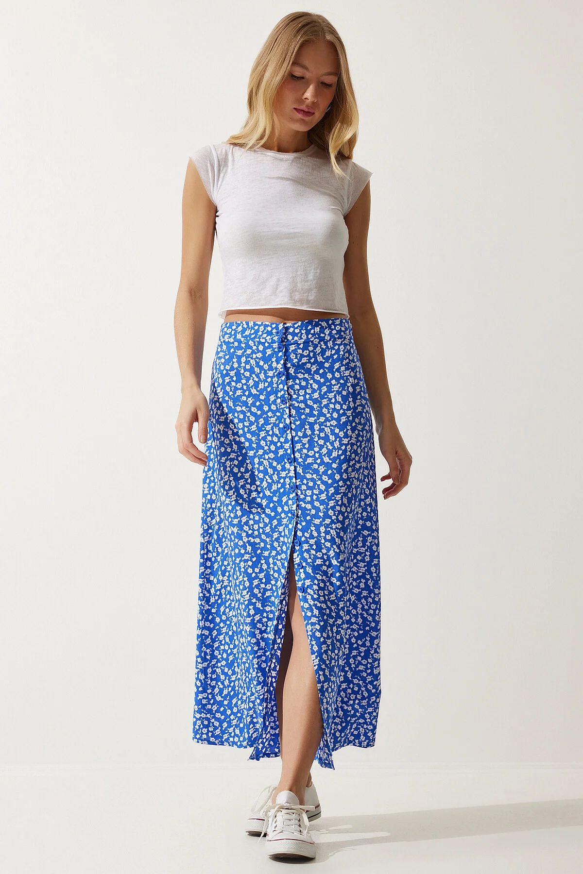 Happiness İstanbul  Blau gemusterter Viskoserock mit Schlitz für Damen UB00246