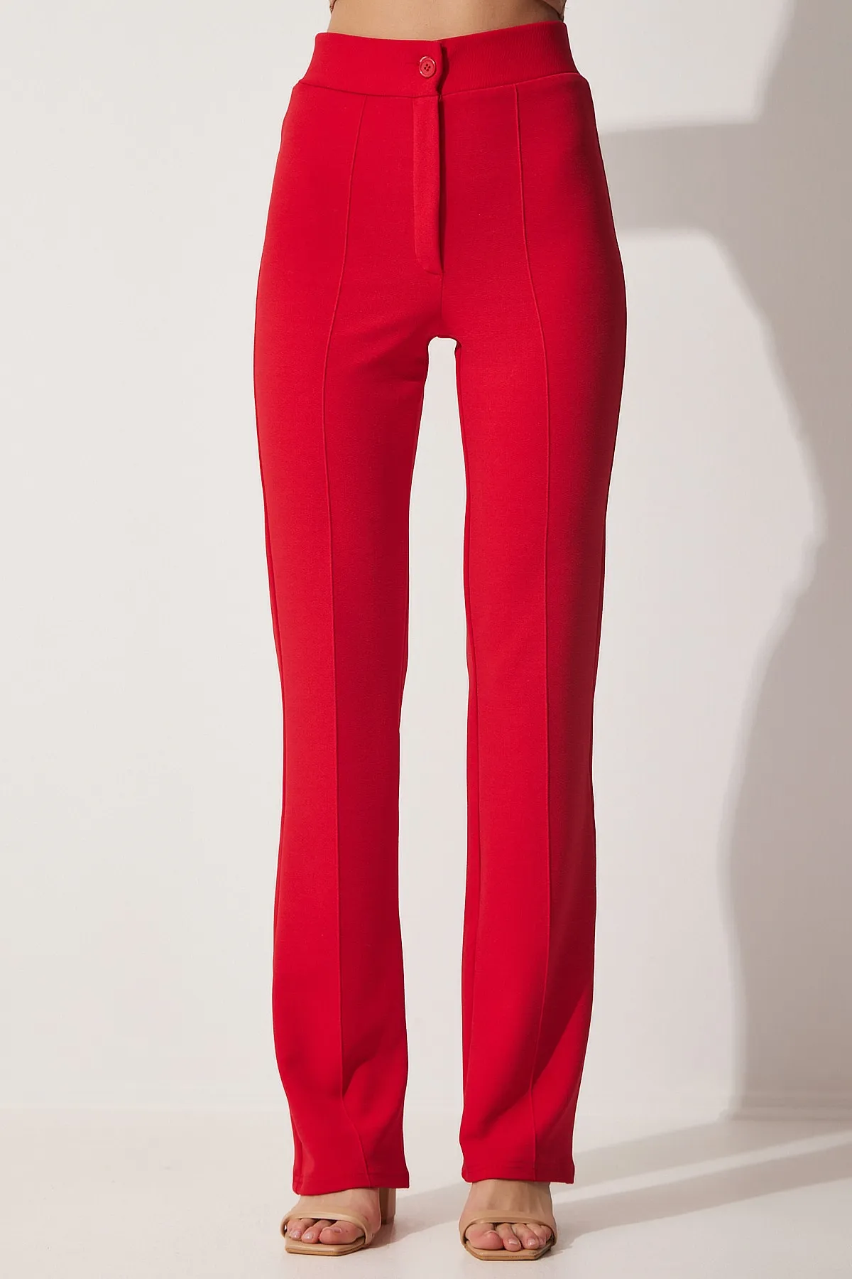 Happiness İstanbul  Rote bequeme Strickhose aus Lycra mit hoher Taille für Damen RV00090