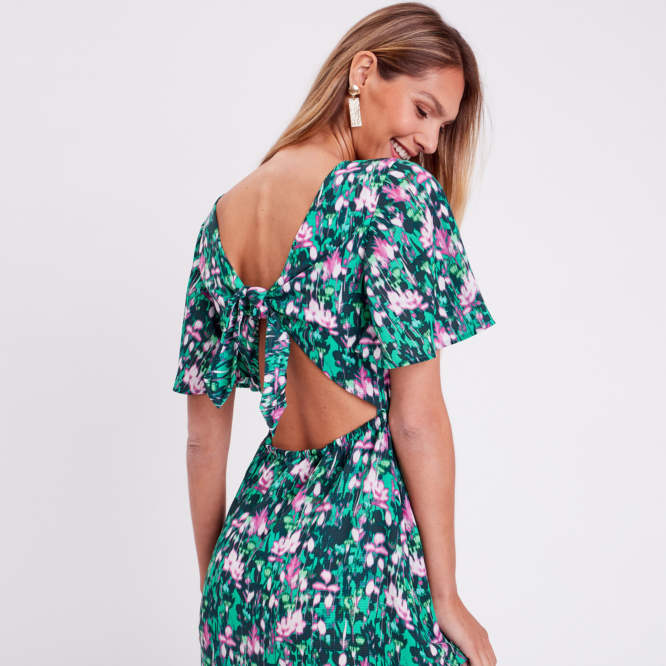 Robe longue évasée dos ouvert vert femme | Cache Cache