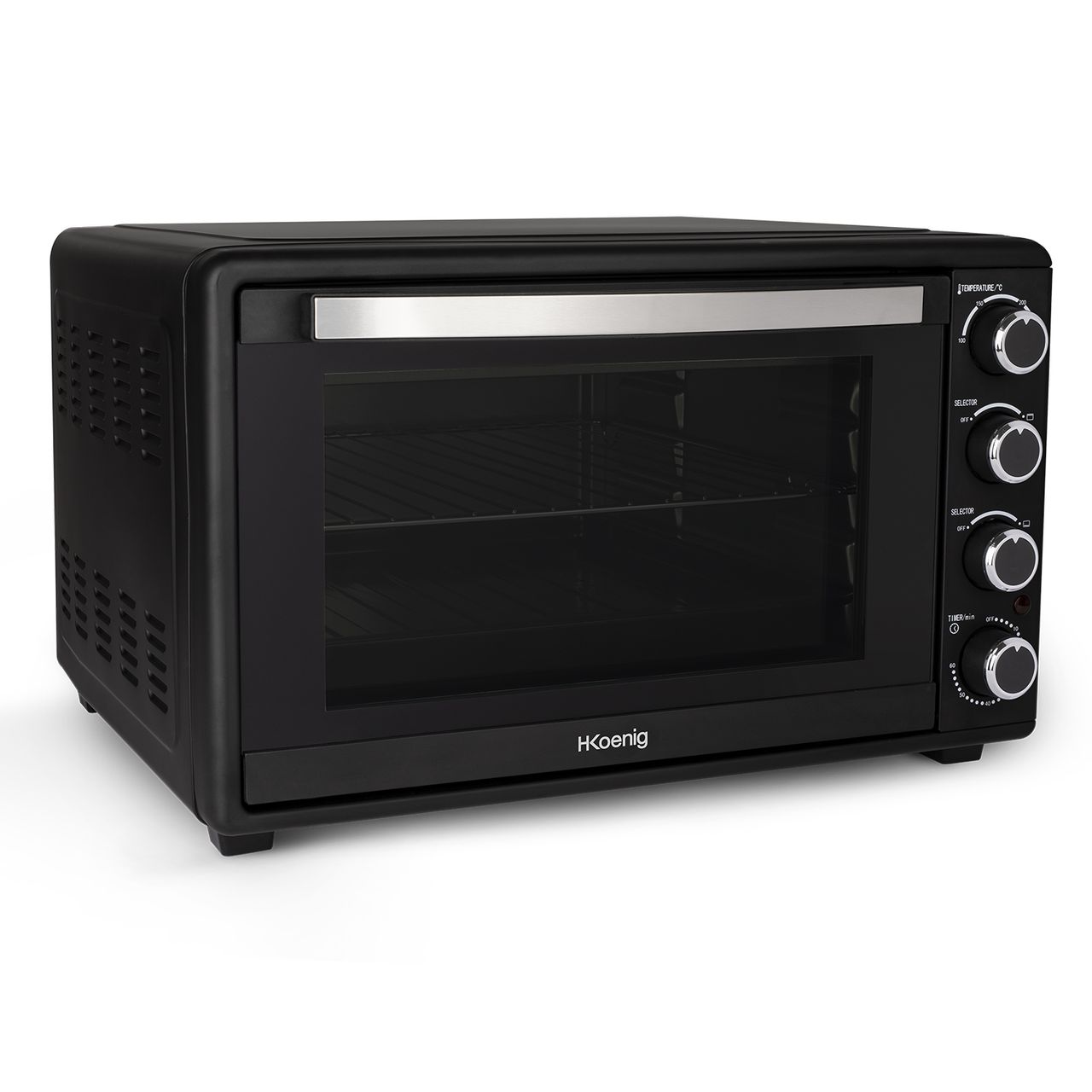H.Koenig elektrischer Mini-Backofen FO45, 45 Liter Kompakt, Freistehend, Multifunktionell, Leistungsstark 1500W, Programmierbar - 6 Modi, 230°, 60 Min Timer, Glastür Doppelverglasung, Antihaft-Backblech