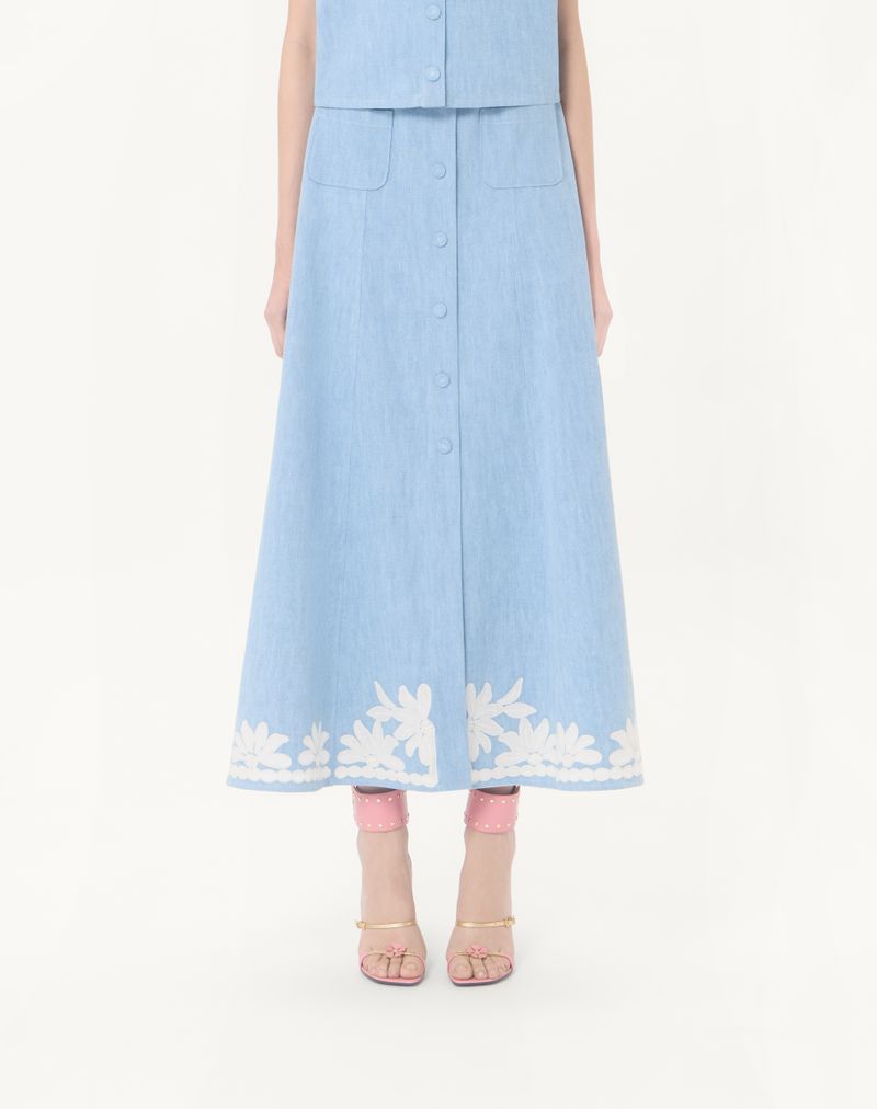 Broderet denim midi nederdel