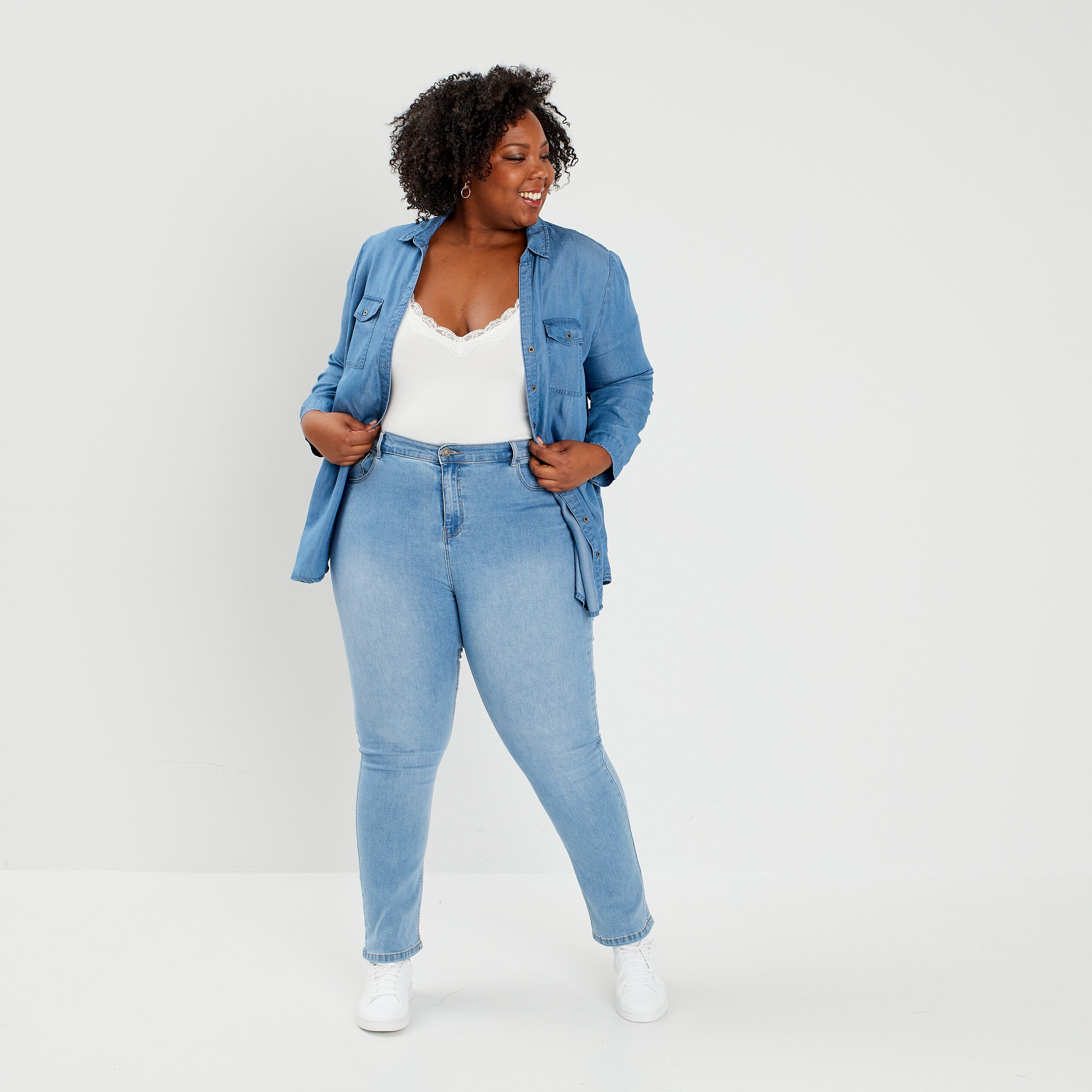 Jeans slim taille haute denim double stone femme grande taille | La Halle