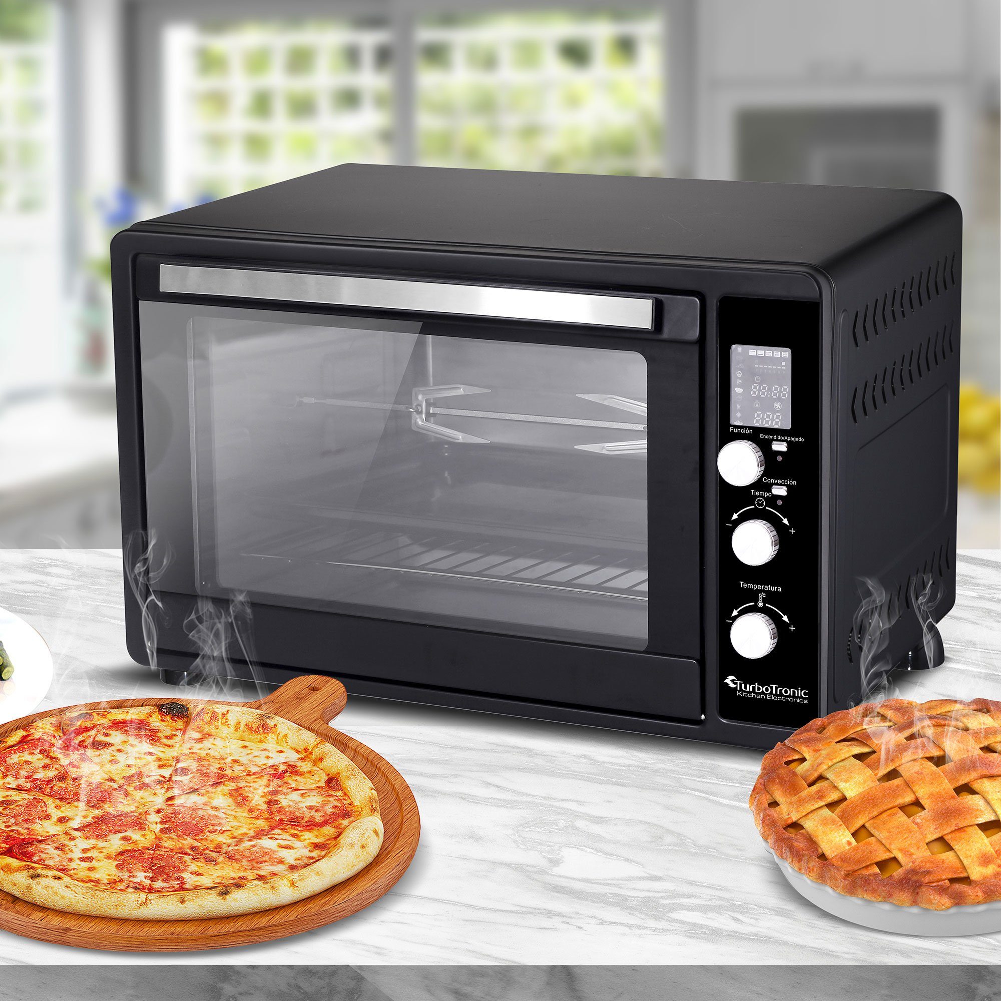 TurboTronic by Z-Line Minibackofen 45 L mit Umluft Drehspieß 2000W 2x Backblech Gitter Kompakt Elektro, Mini Tisch Backofen Camping Pizzaofen Digital