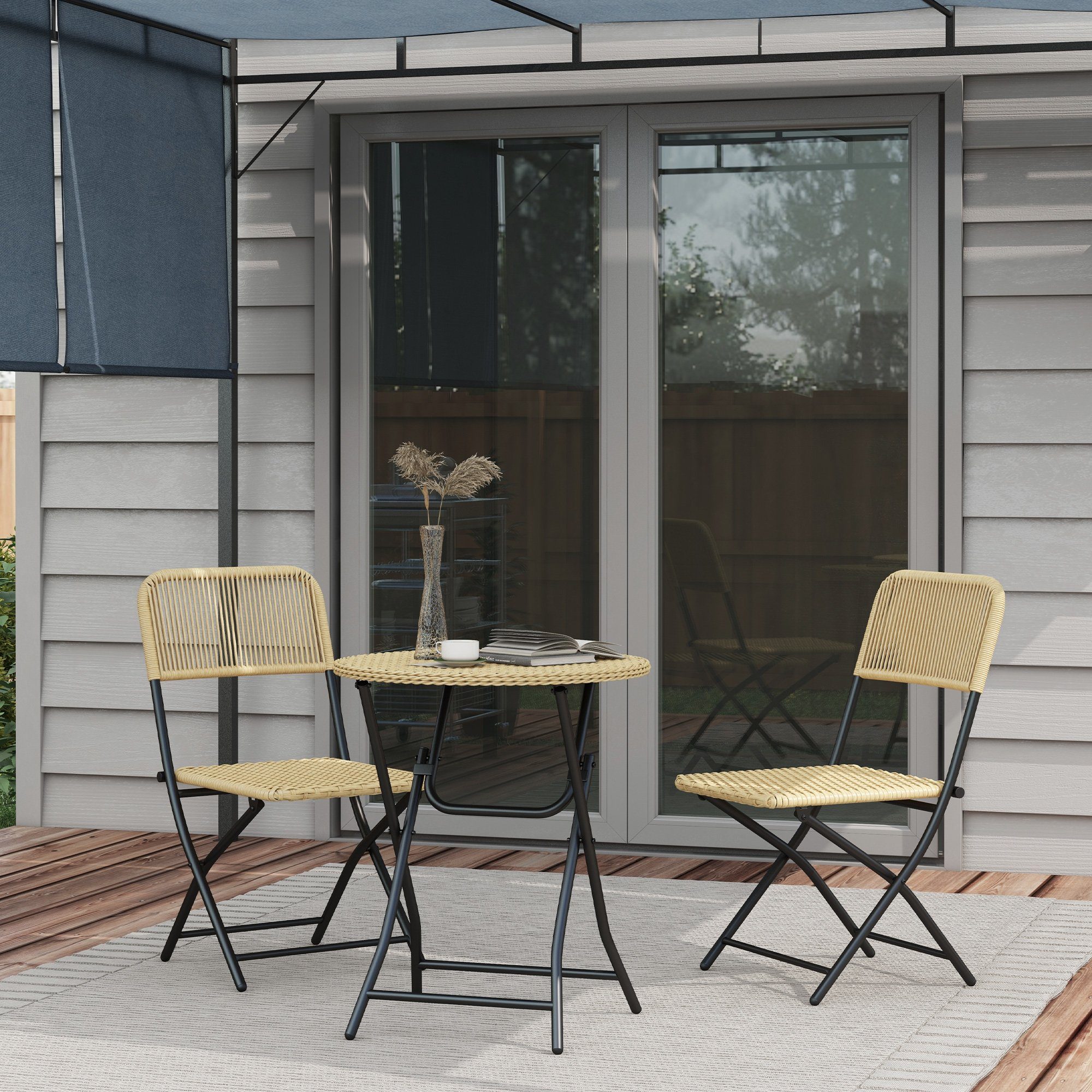 Outsunny Sitzgruppe Rattan Gartenmöbel-Set 3-TLG. Bistro-Set inkl. Couchtisch, 2 Stühle, (Balkonmöbel-Set, 3-tlg., Balkon-Sitzgarnitur), für Balkon, Terrasse, Stahl, Gelb