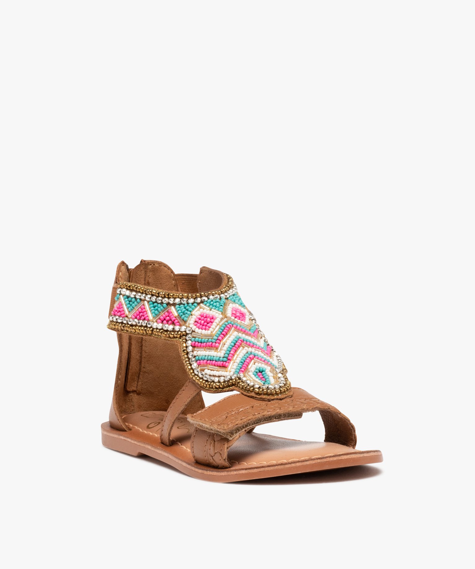 Sandales fille montantes à brides ornées de perles camel | GEMO