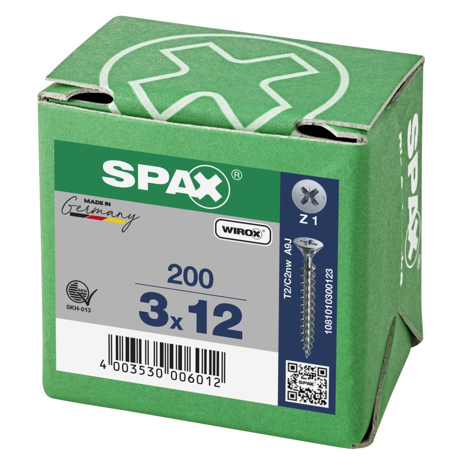 SPAX 1081010300123 Universalschraube 3 x 12 mm, Vollgewinde, Senkkopf, Kreuzschlitz Z1 – 200 Stück