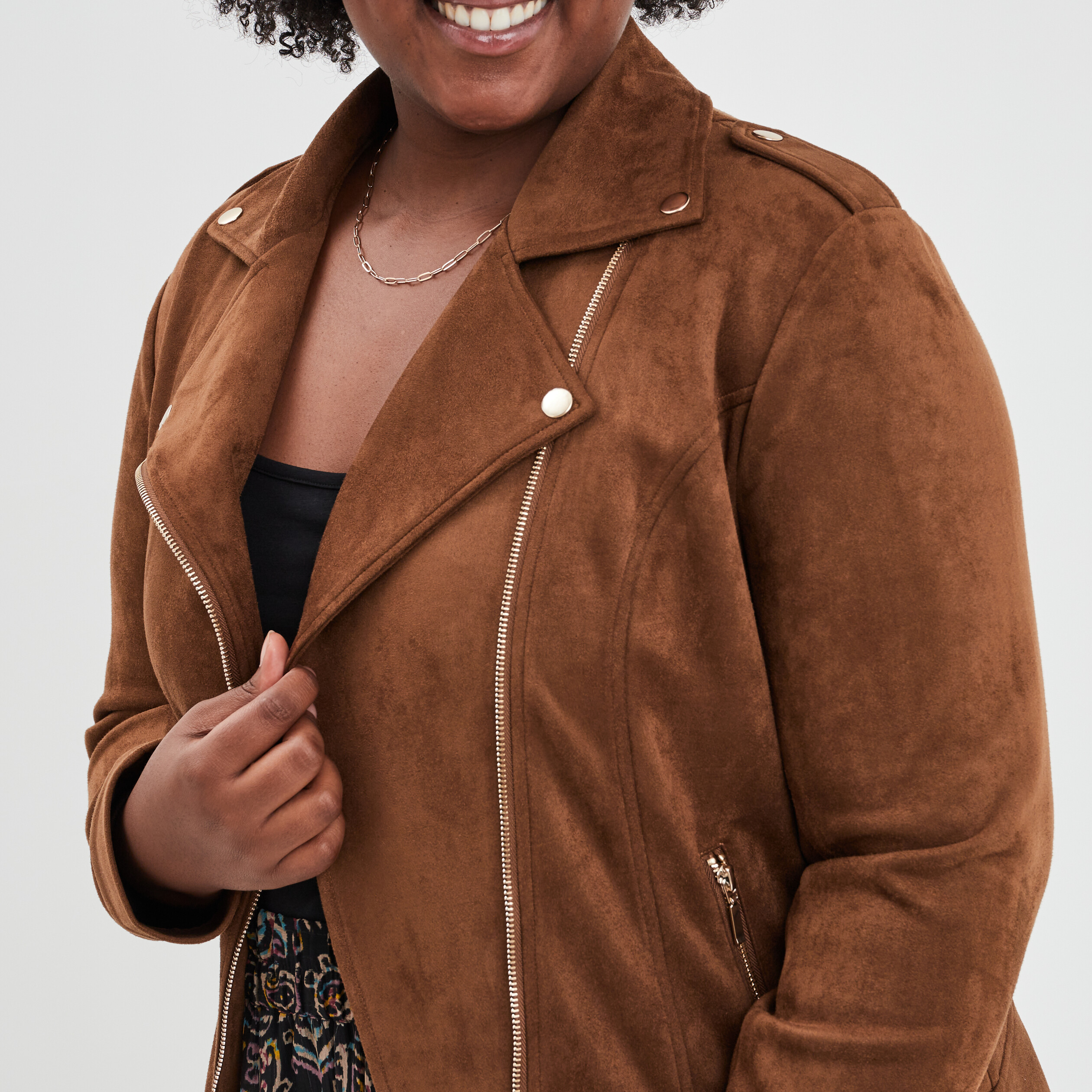 Blouson zippé effet suédine style biker marron femme grande taille | La Halle