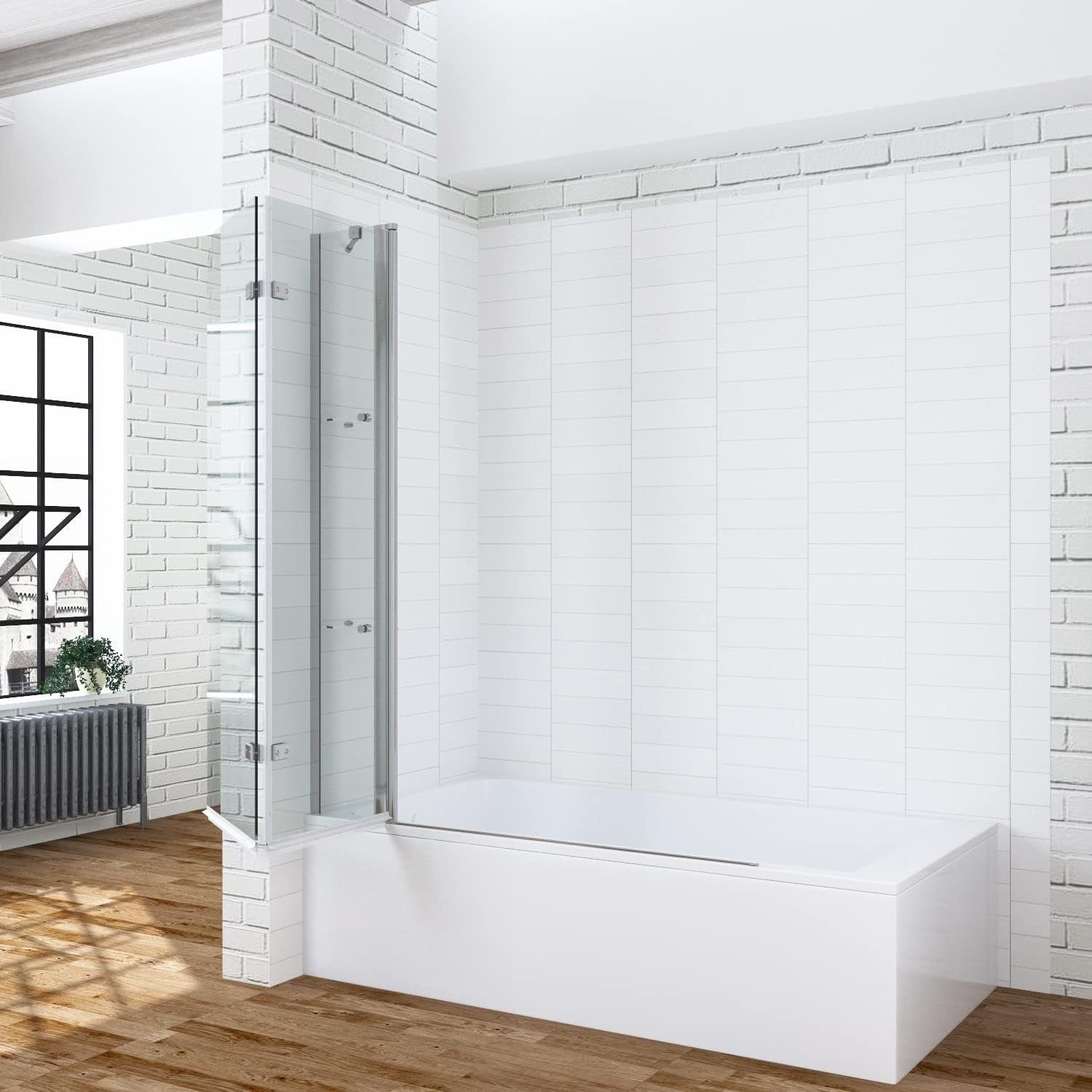 AQUABATOS Badewannenfaltwand Badewannenaufsatz Glas eck 3 teilig Duschwand Badewanne 130 150cm, 5 mm ESG mit NANO-Beschichtung, faltbar, mit Festteil und Duschablage